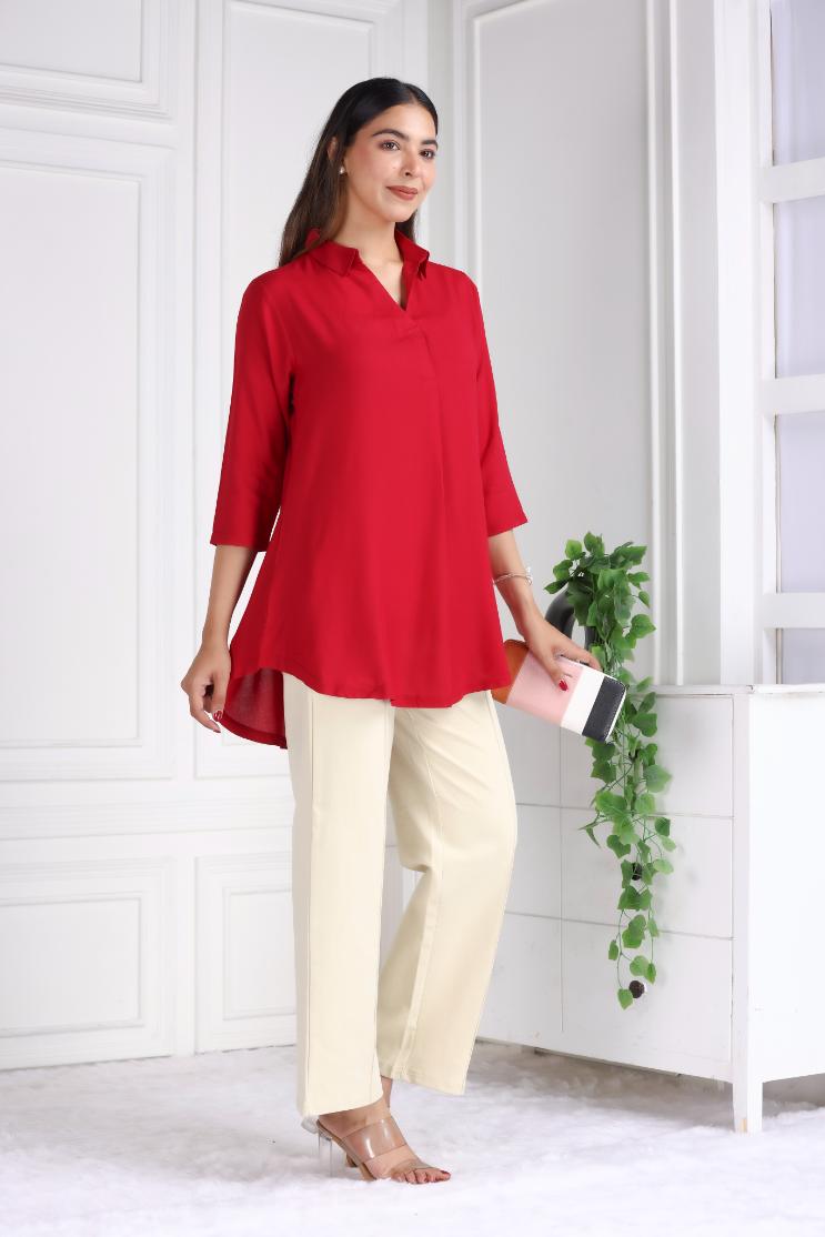 Red rayon flare top [ 100% Rayon, Liva Certified ] - Rayon flare top