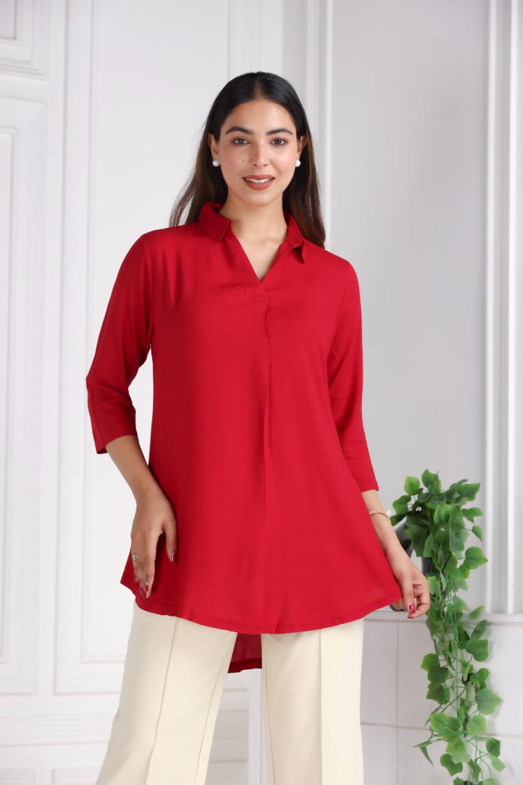 Red rayon flare top [ 100% Rayon, Liva Certified ] - Rayon flare top
