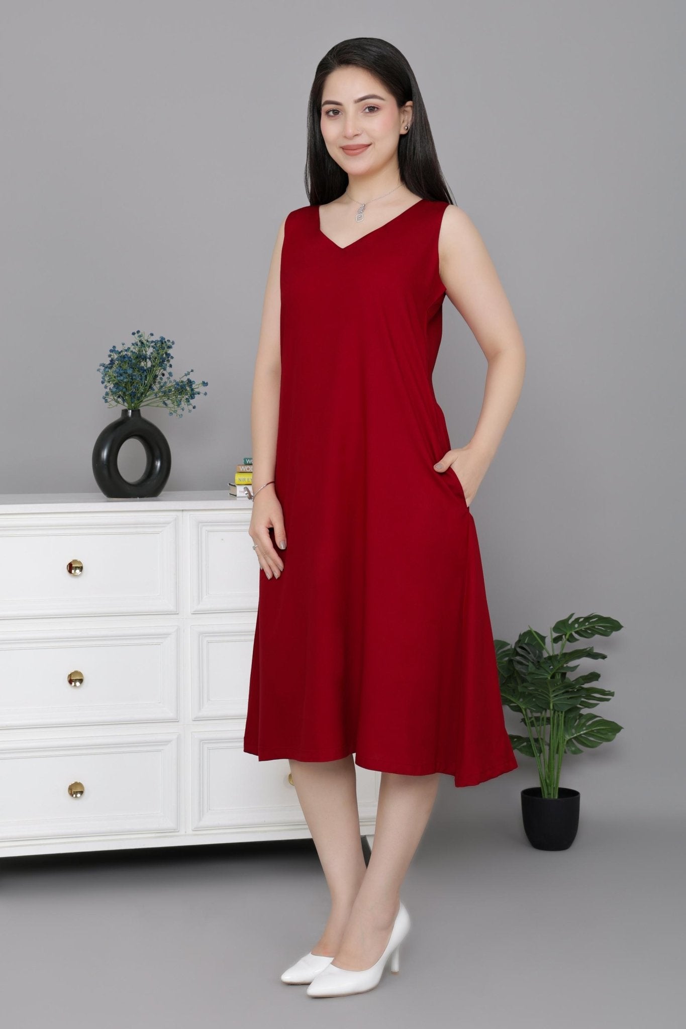 Red rayon line dress with pocket [ Premium 100% Rayon, Liva Certified ] - Rayon line dress with pocket