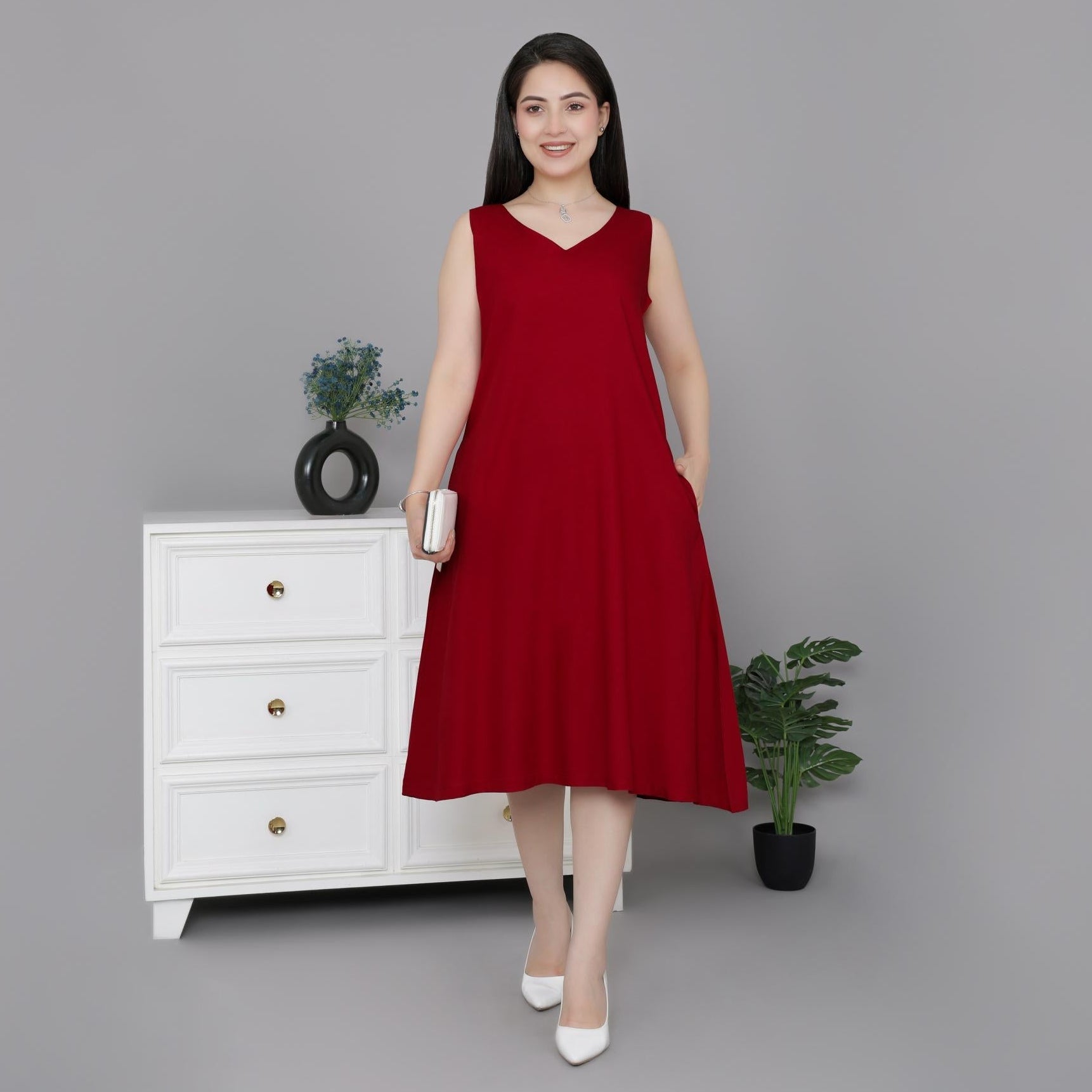 Red rayon line dress with pocket [ Premium 100% Rayon, Liva Certified ] - Rayon line dress with pocket