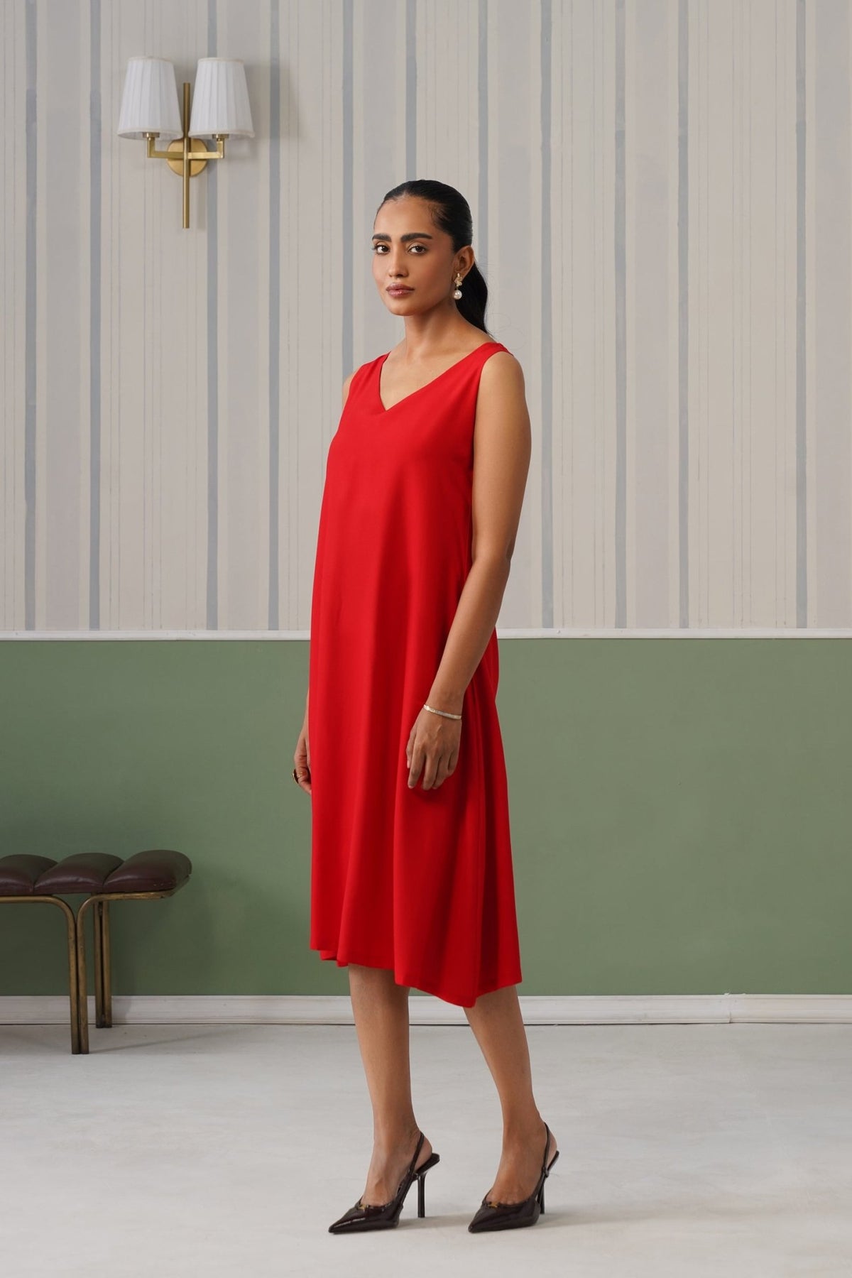 Red rayon line dress with pocket [ Premium 100% Rayon, Liva Certified ] -Rayon line dress with pocket