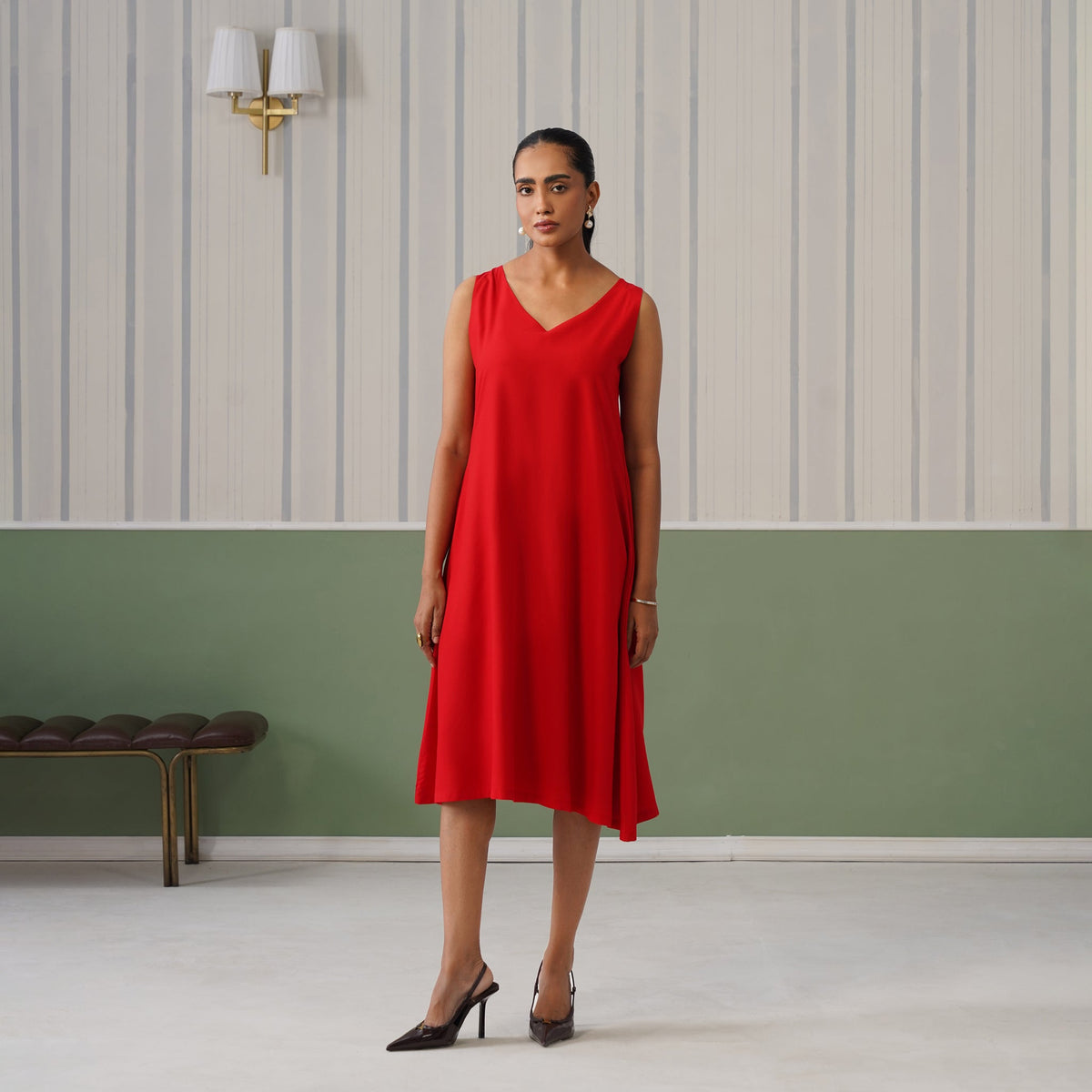 Red rayon line dress with pocket [ Premium 100% Rayon, Liva Certified ] -Rayon line dress with pocket