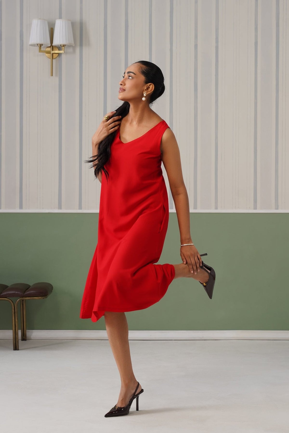 Red rayon line dress with pocket [ Premium 100% Rayon, Liva Certified ] -Rayon line dress with pocket