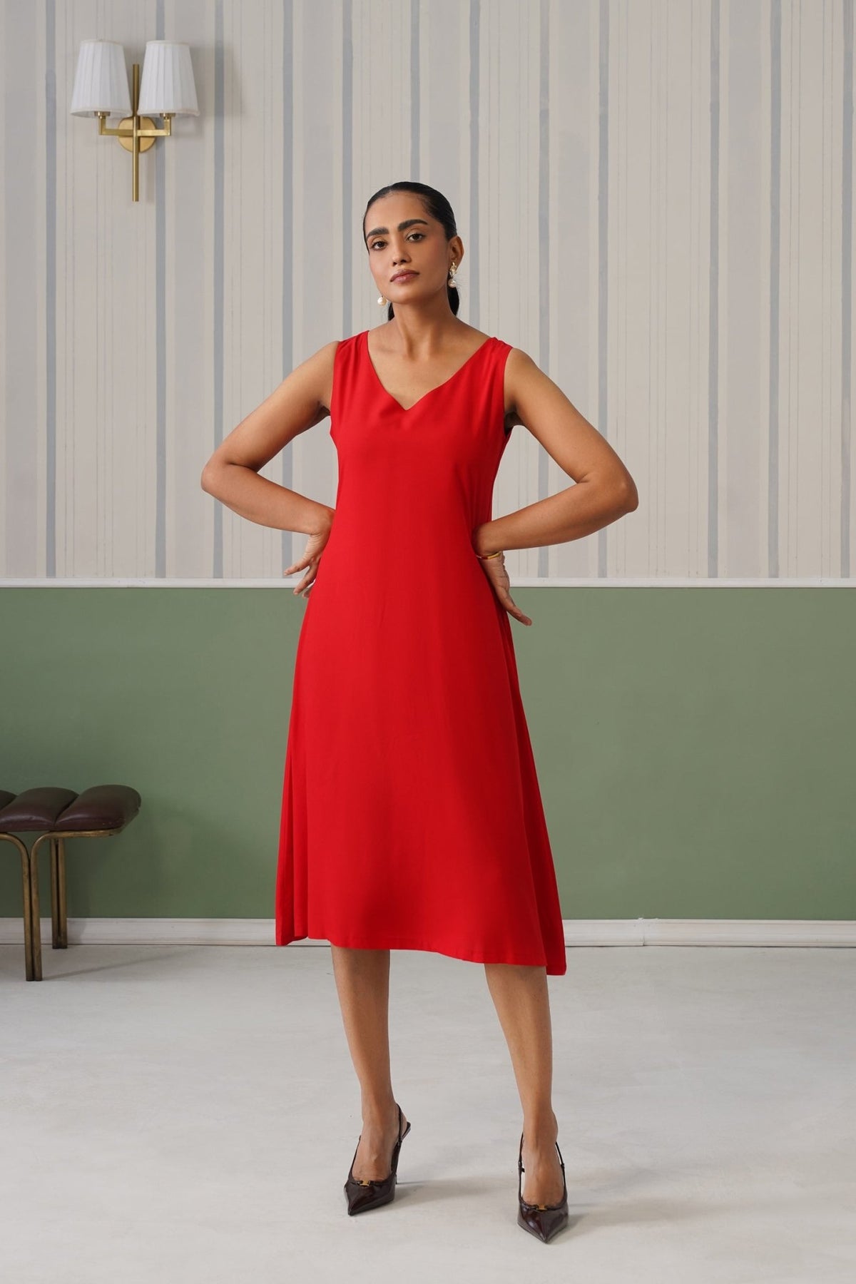 Red rayon line dress with pocket [ Premium 100% Rayon, Liva Certified ] -Rayon line dress with pocket