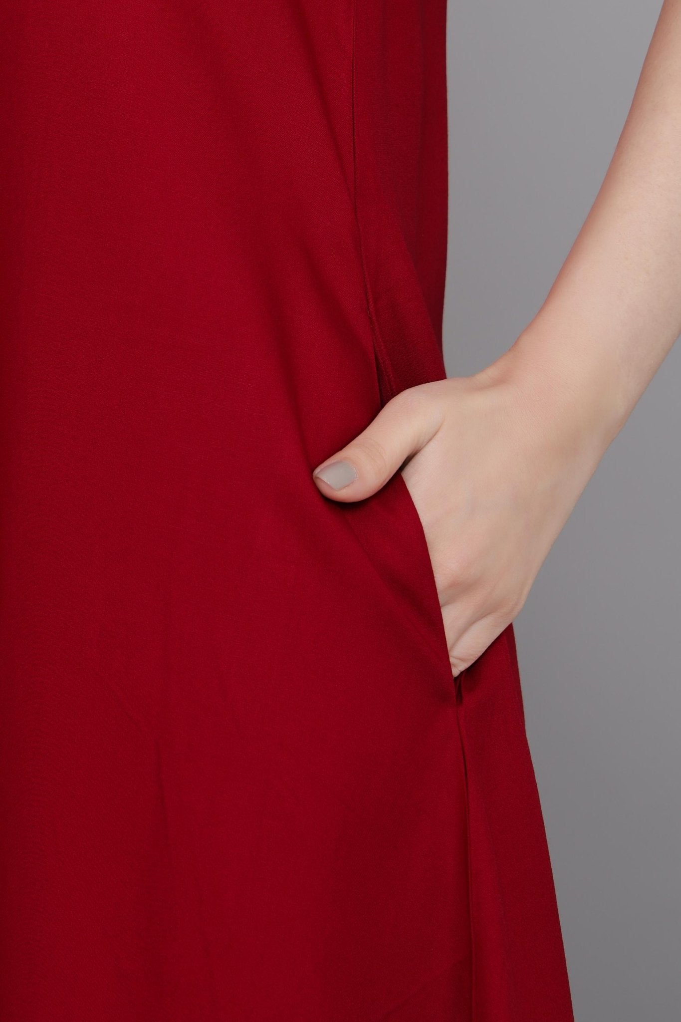 Red rayon line dress with pocket [ Premium 100% Rayon, Liva Certified ] - Rayon line dress with pocket