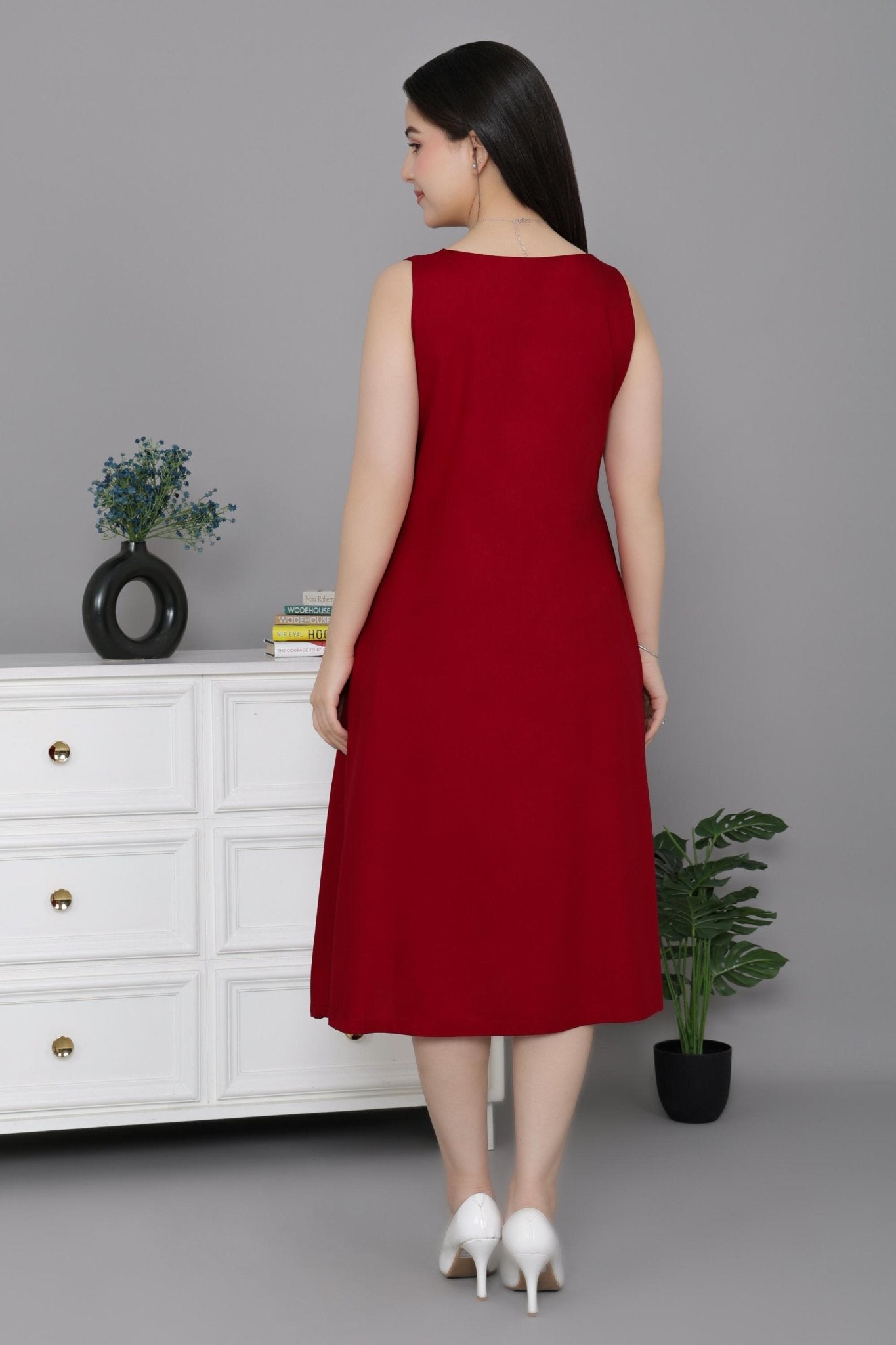 Red rayon line dress with pocket [ Premium 100% Rayon, Liva Certified ] - Rayon line dress with pocket