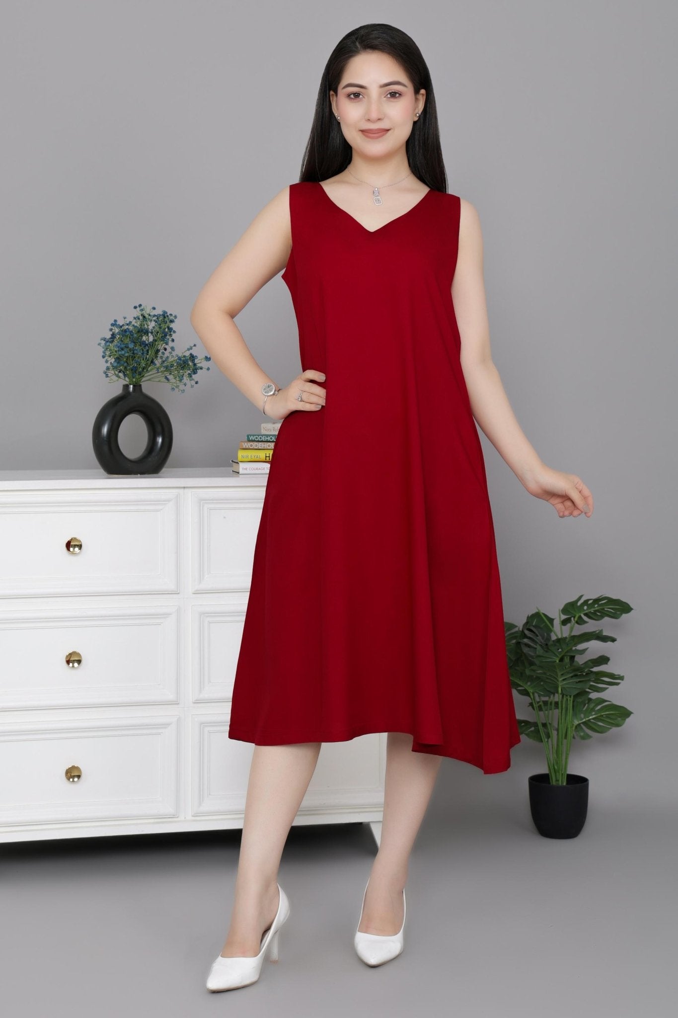 Red rayon line dress with pocket [ Premium 100% Rayon, Liva Certified ] - Rayon line dress with pocket