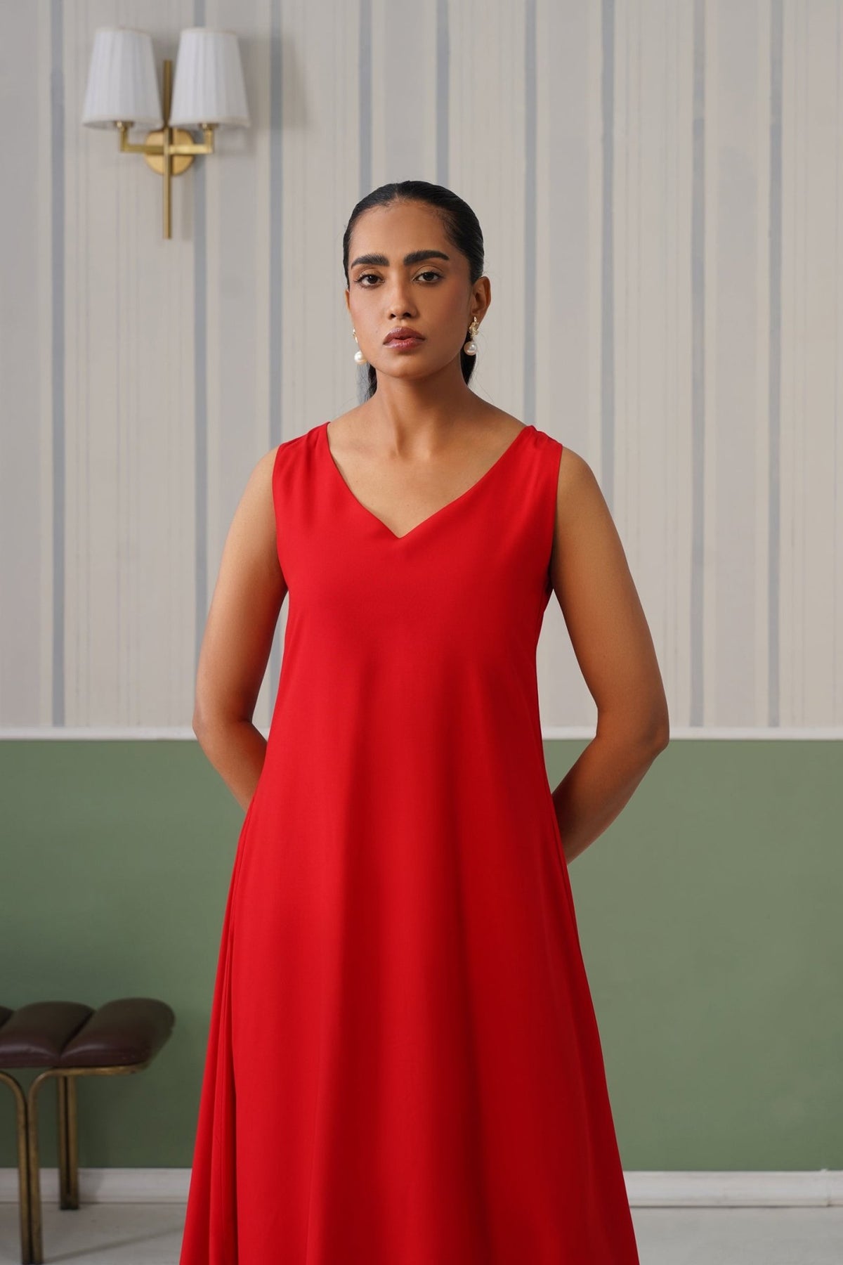 Red rayon line dress with pocket [ Premium 100% Rayon, Liva Certified ] -Rayon line dress with pocket