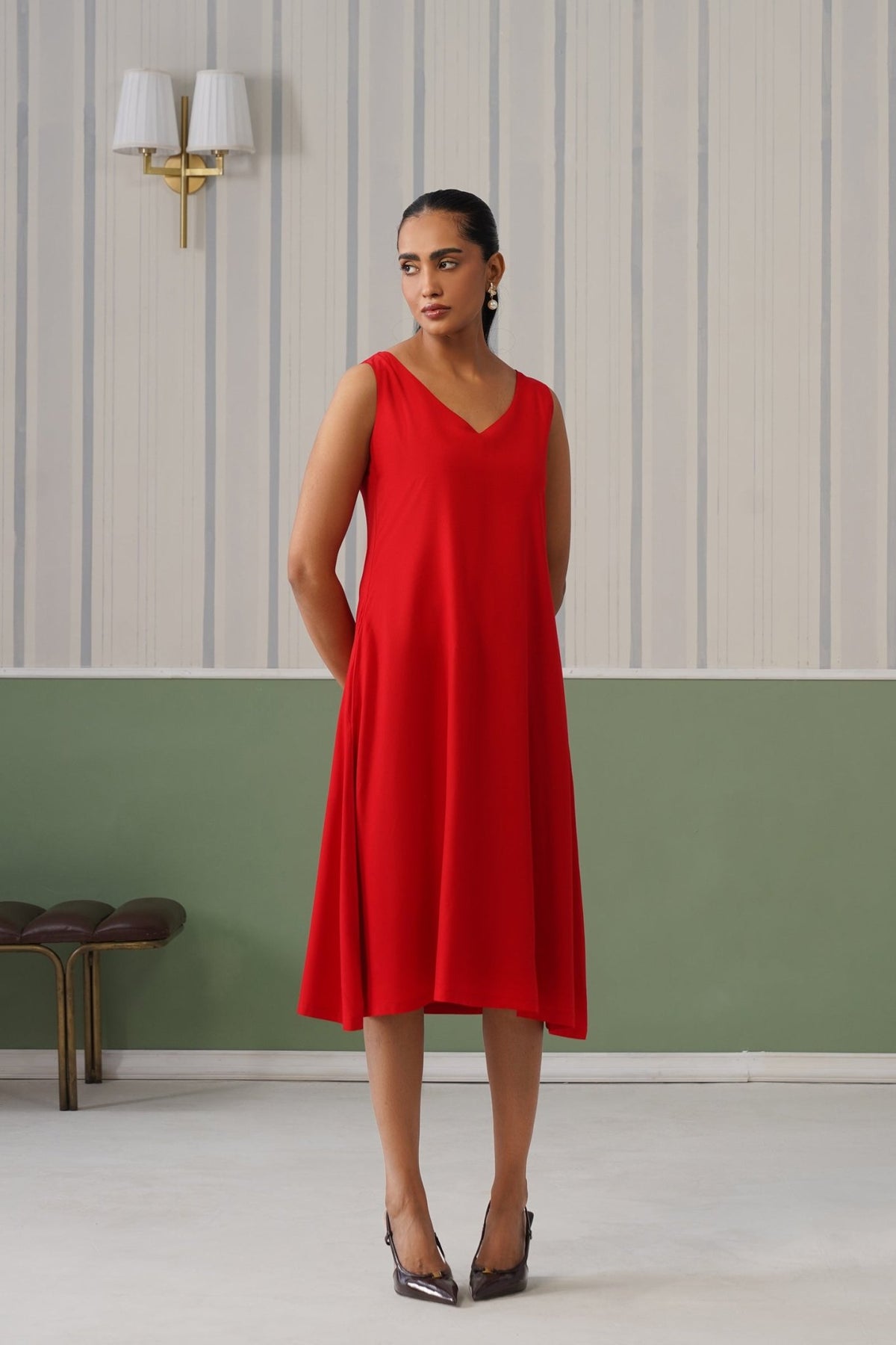 Red rayon line dress with pocket [ Premium 100% Rayon, Liva Certified ] -Rayon line dress with pocket
