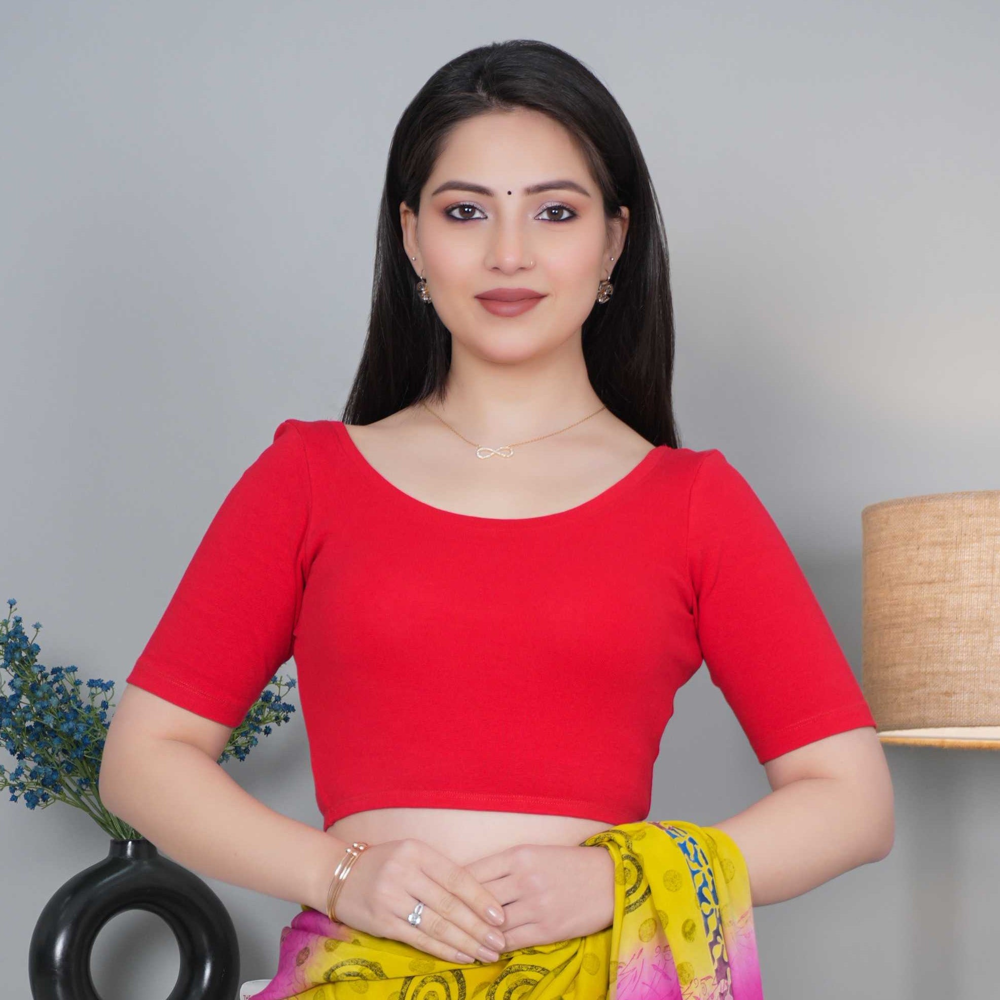 Red Rib Roundneck Half Sleeve Blouse [ 100% USA HQ Cotton, 280 GSM non transparent fa0bric ] - Rib blouse