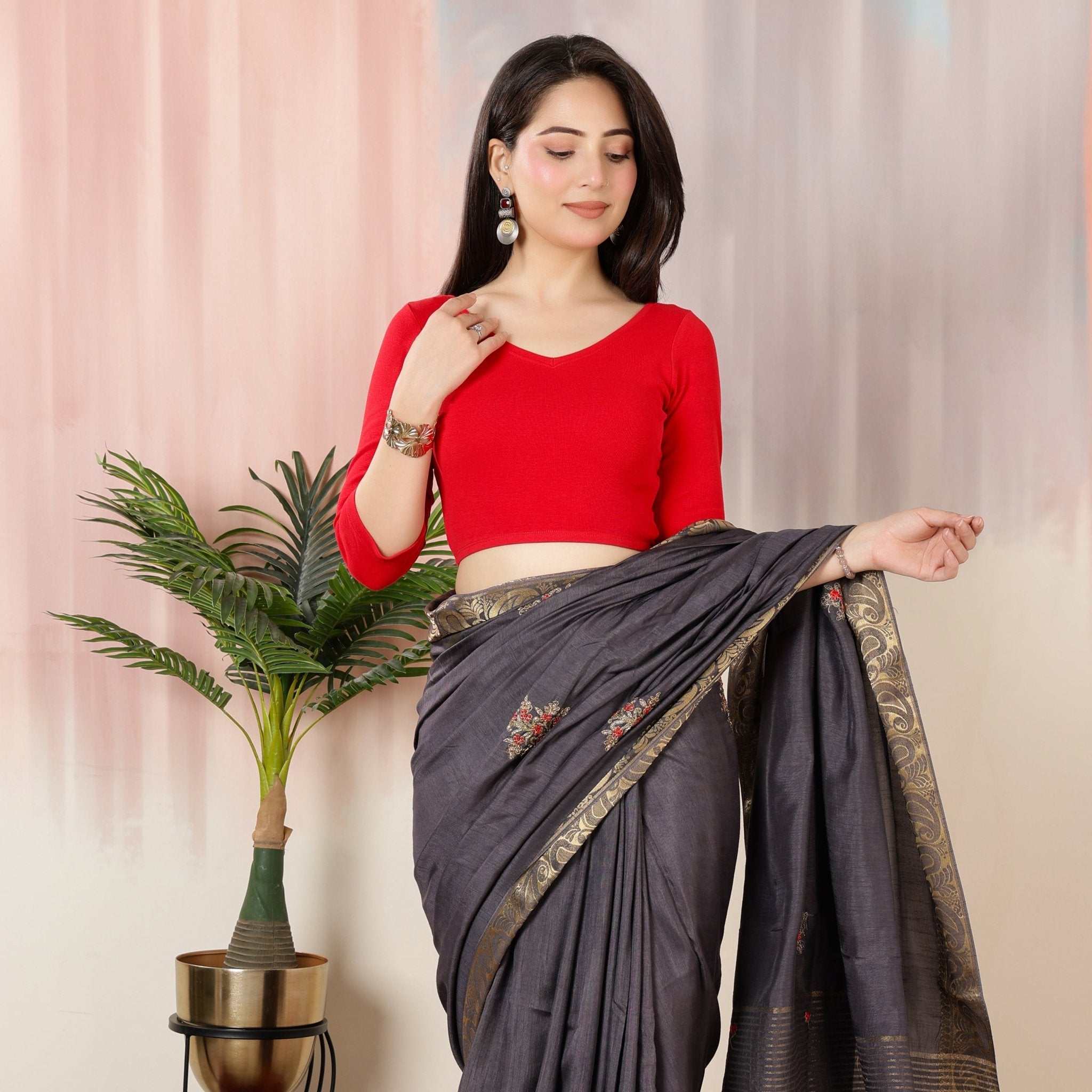 Red Rib Roundneck Half Sleeve Blouse [ 100% USA HQ Cotton, 280 GSM non transparent fa0bric ] -Rib blouse