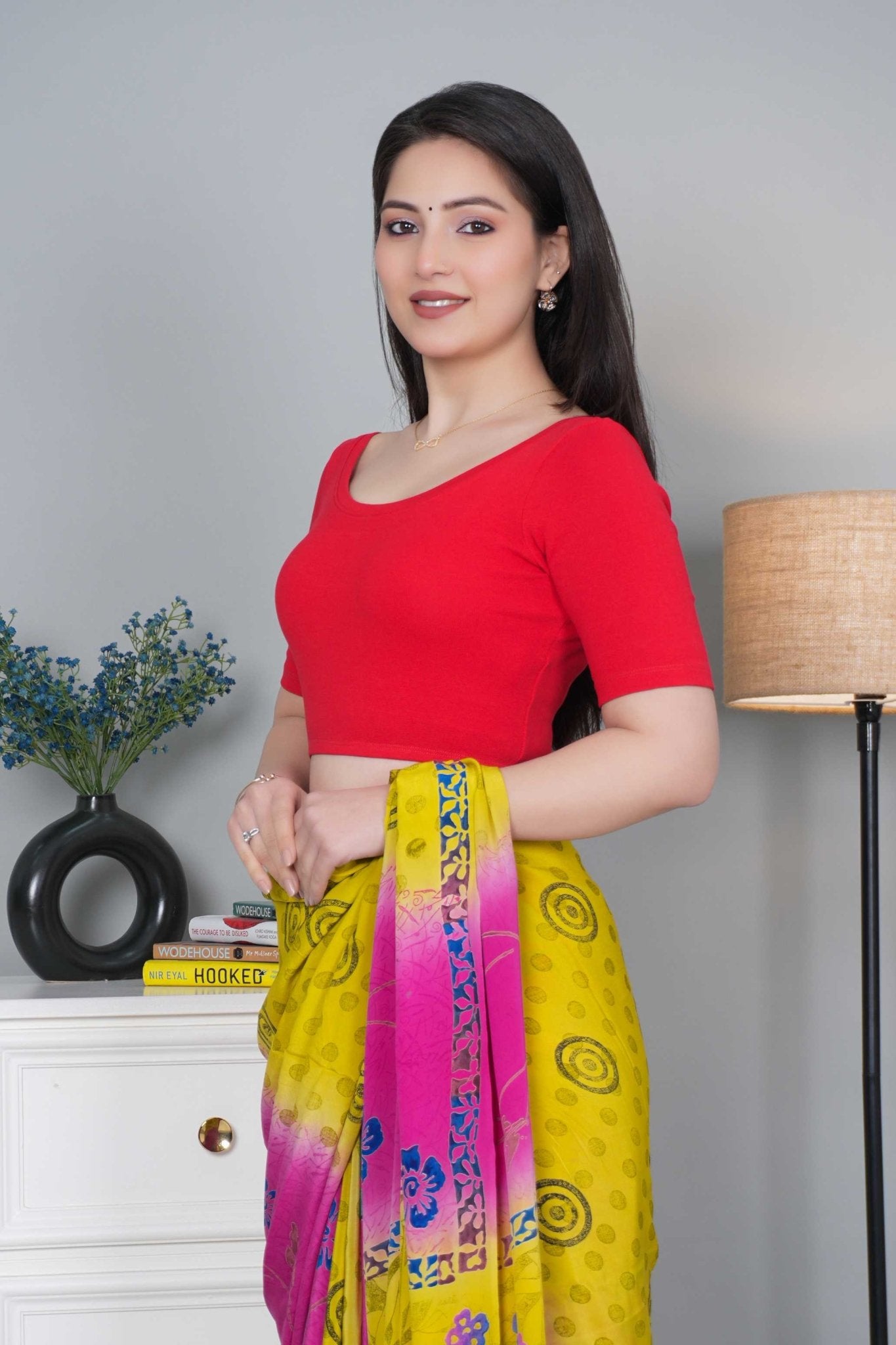 Red Rib Roundneck Half Sleeve Blouse [ 100% USA HQ Cotton, 280 GSM non transparent fa0bric ] - Rib blouse