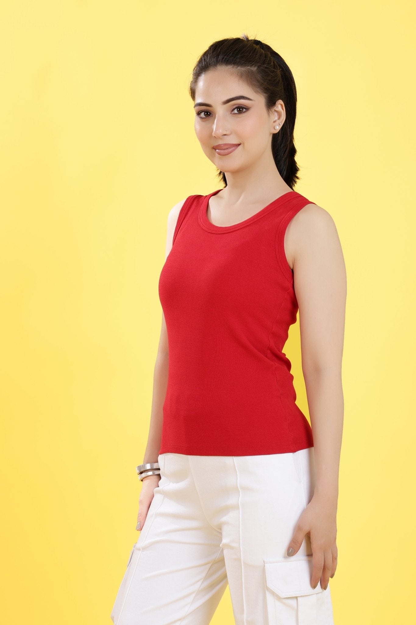Red Rib Top [ 280 GSM non transparent fabric ] -Rib top