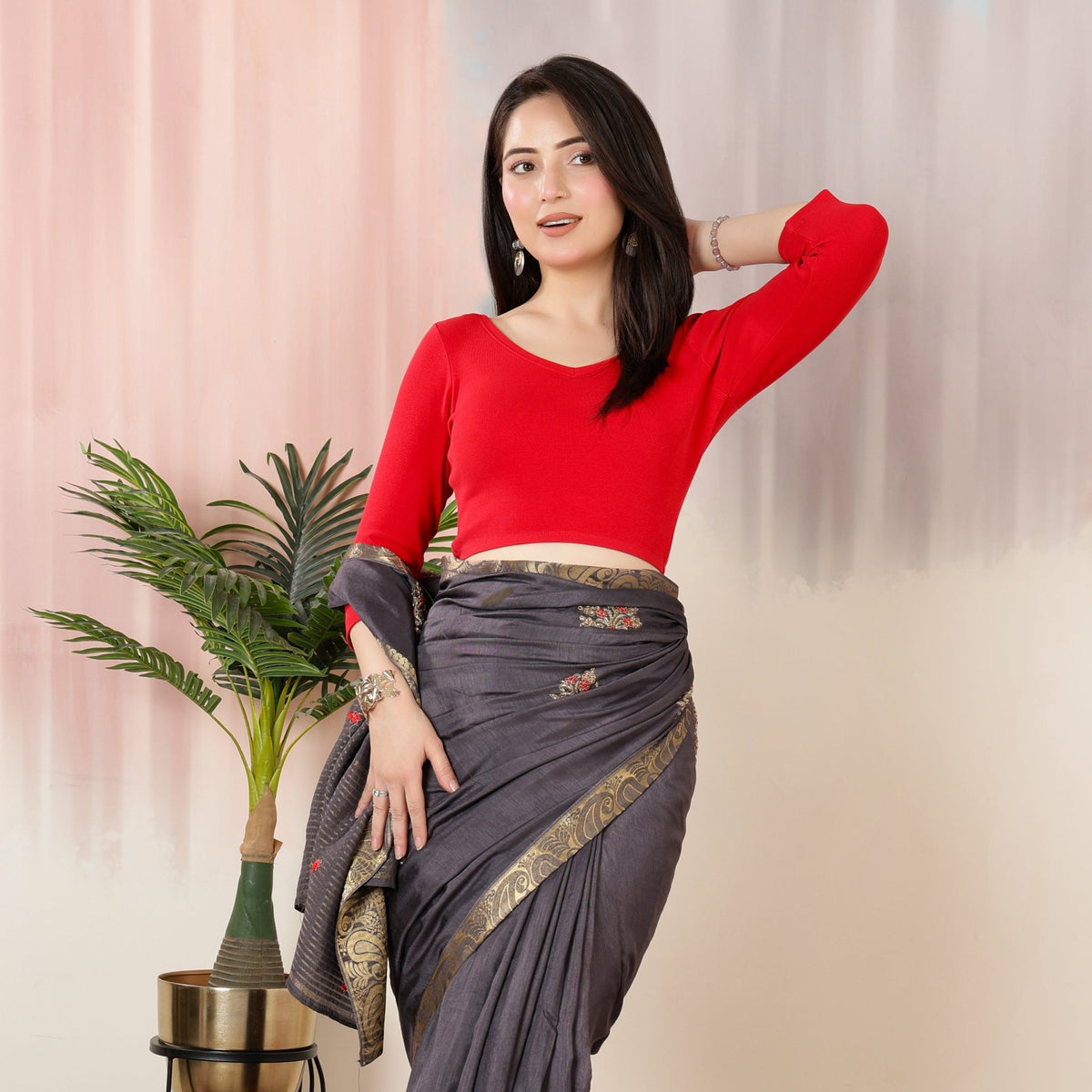 Red Rib V Neck 3/4 Sleeve Blouse [ 100% USA HQ Cotton, 280 GSM non transparent fabric ] -Rib blouse