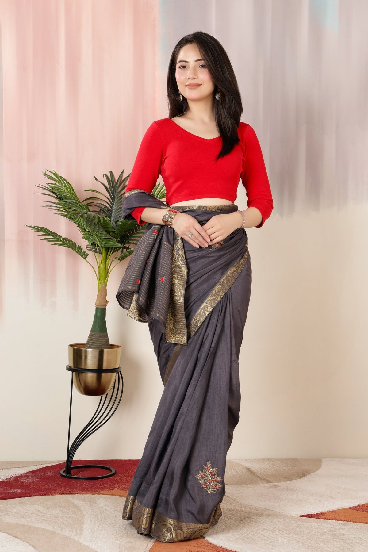 Red Rib V Neck 3/4 Sleeve Blouse [ 100% USA HQ Cotton, 280 GSM non transparent fabric ] -Rib blouse