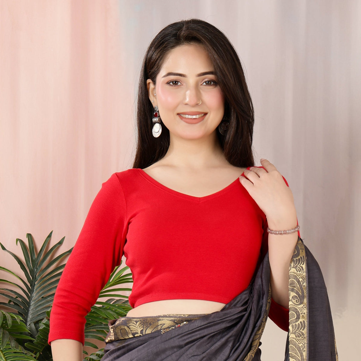 Red Rib V Neck 3/4 Sleeve Blouse [ 100% USA HQ Cotton, 280 GSM non transparent fabric ] -Rib blouse