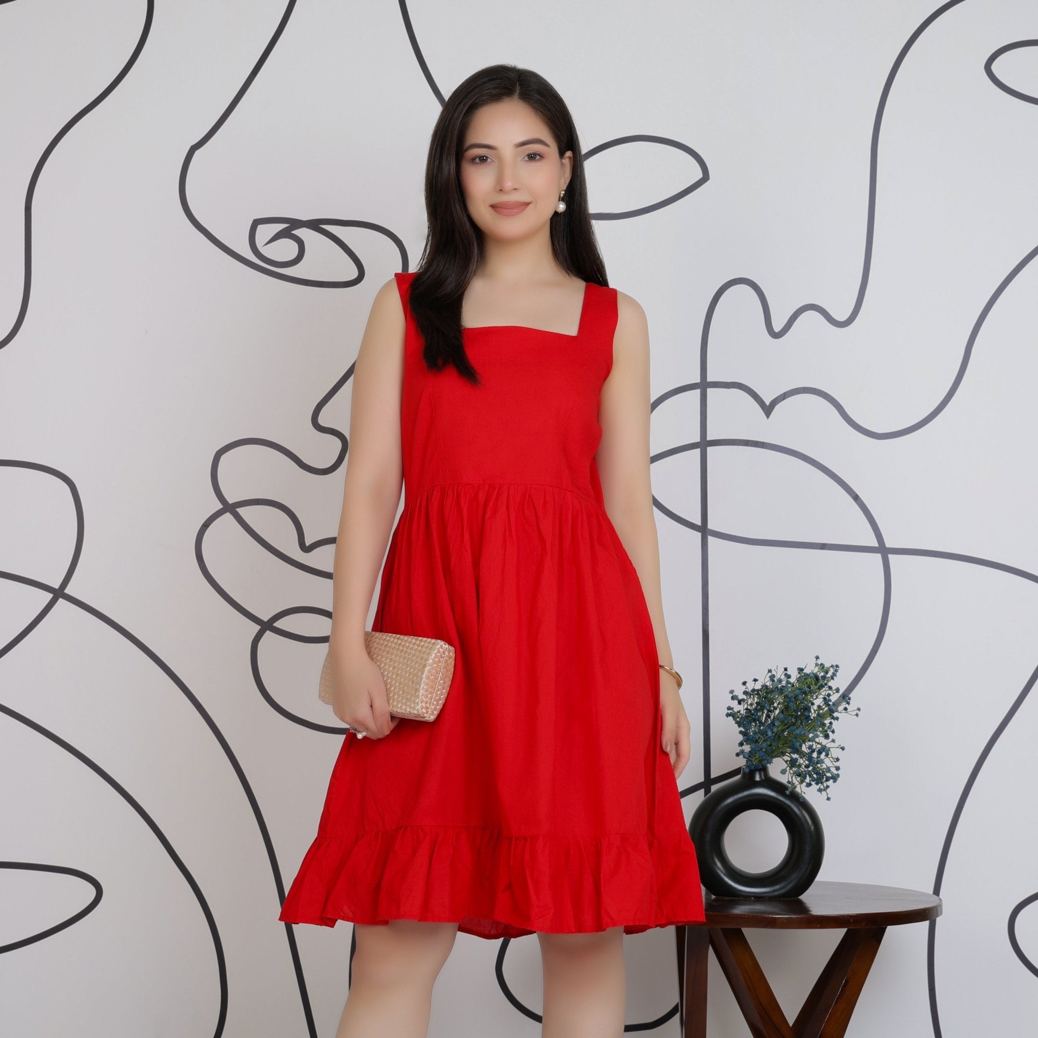 Red square neck strap dress [100% pure cotton] -Cotton midi dress