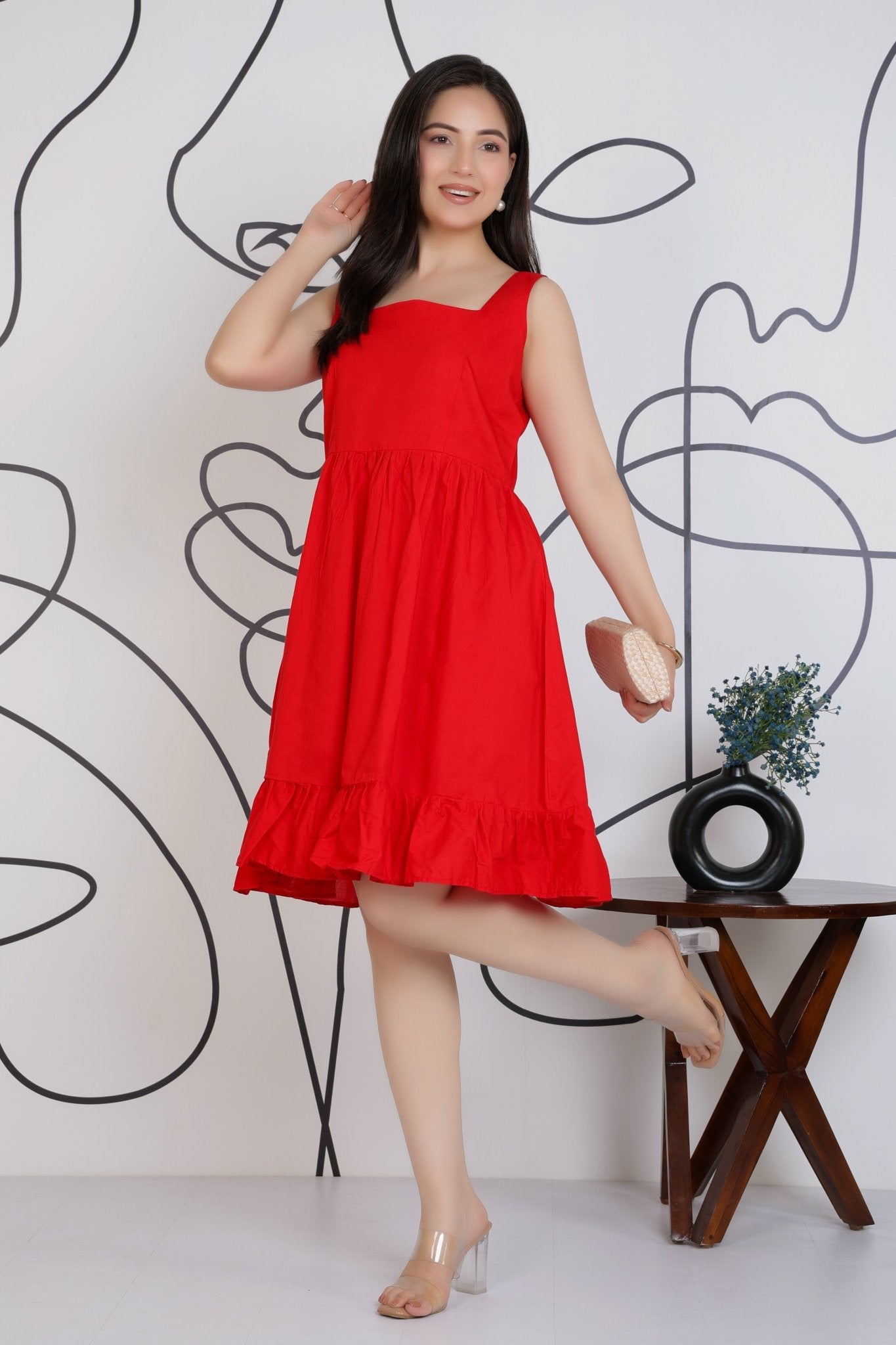 Red square neck strap dress [100% pure cotton] -Cotton midi dress