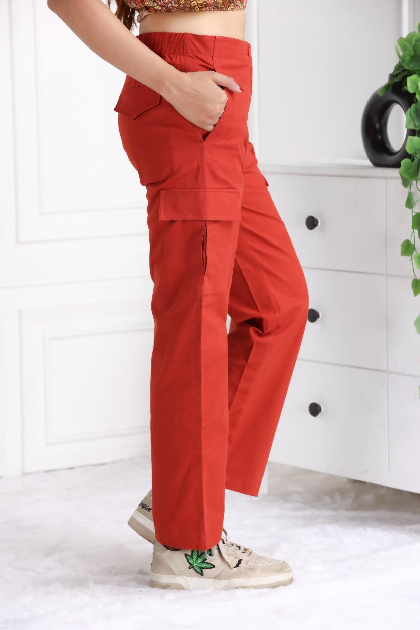 Red stretchable biowash USA HQ cotton travel cargo pant with superior elastic belt. - Travel Cargo Pants