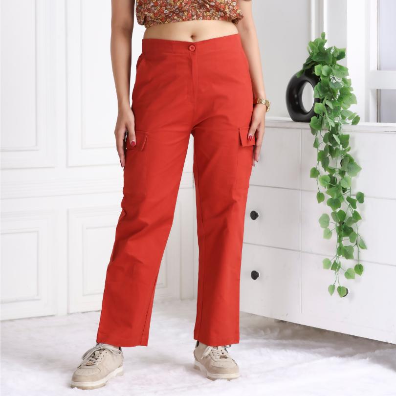 Red stretchable biowash USA HQ cotton travel cargo pant with superior elastic belt. - Travel Cargo Pants