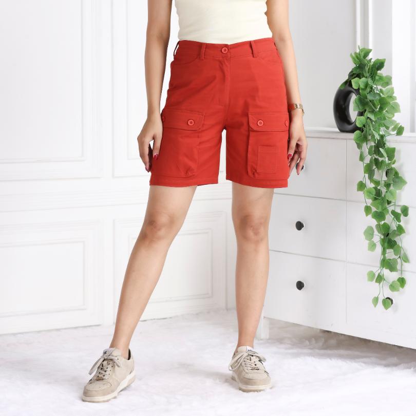 Red stretchable biowash USA HQ cotton travel shorts with superior elastic belt. - Travel shorts