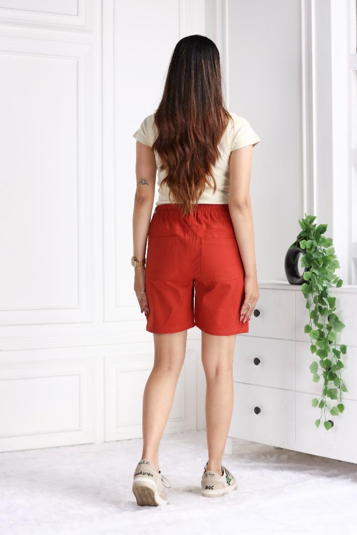 Red stretchable biowash USA HQ cotton travel shorts with superior elastic belt. - Travel shorts