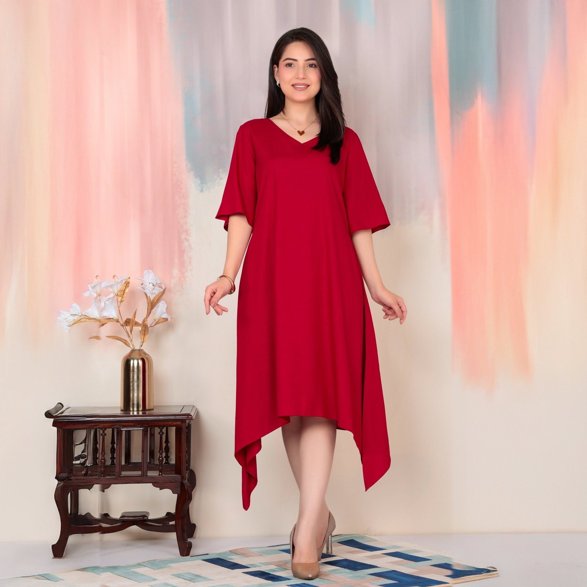 Red v-neck line dress with sleeves [ Premium 100% Rayon, Liva Certified ] -Rayon flare dress with pocket