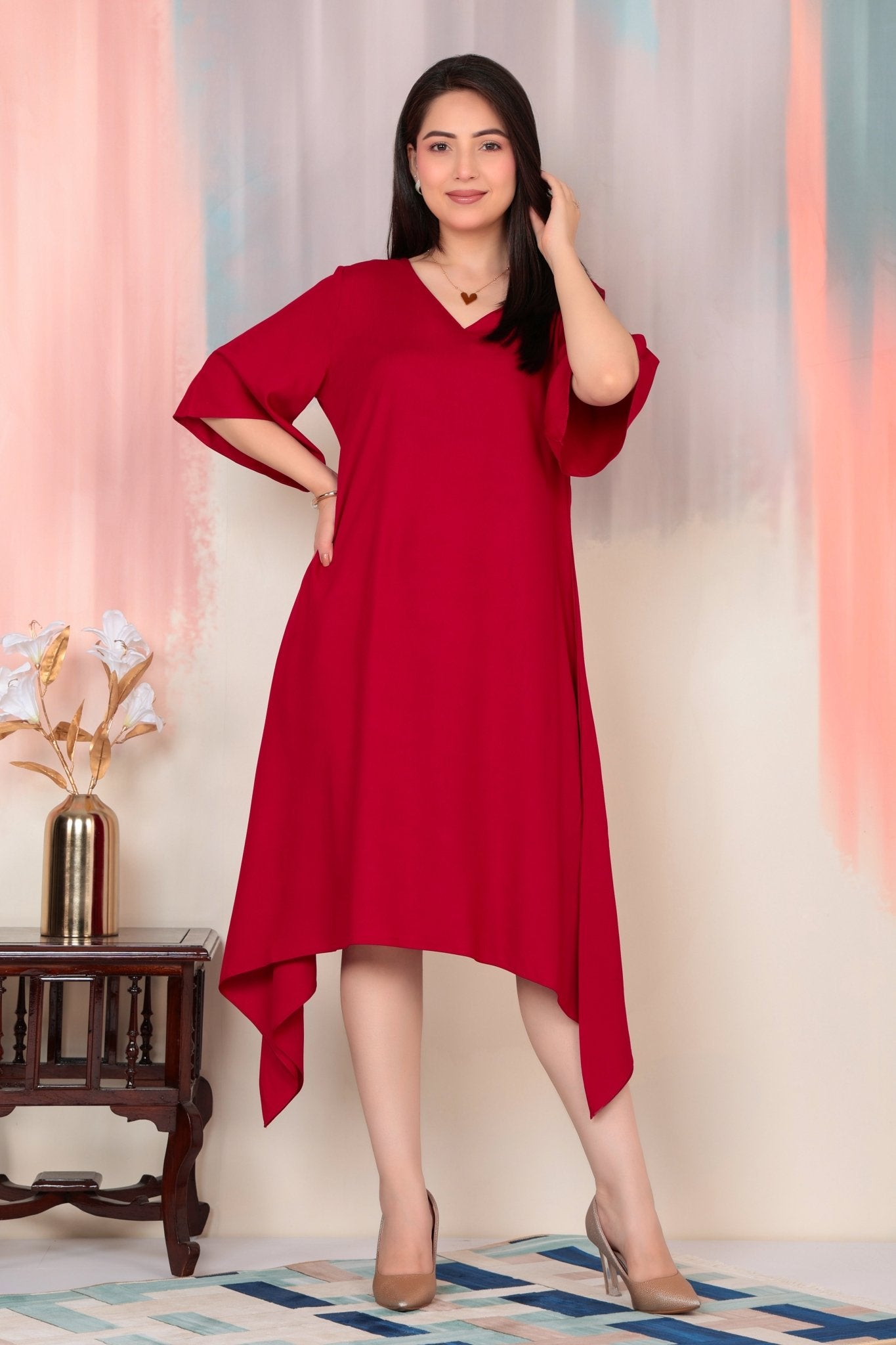Red v-neck line dress with sleeves [ Premium 100% Rayon, Liva Certified ] -Rayon flare dress with pocket