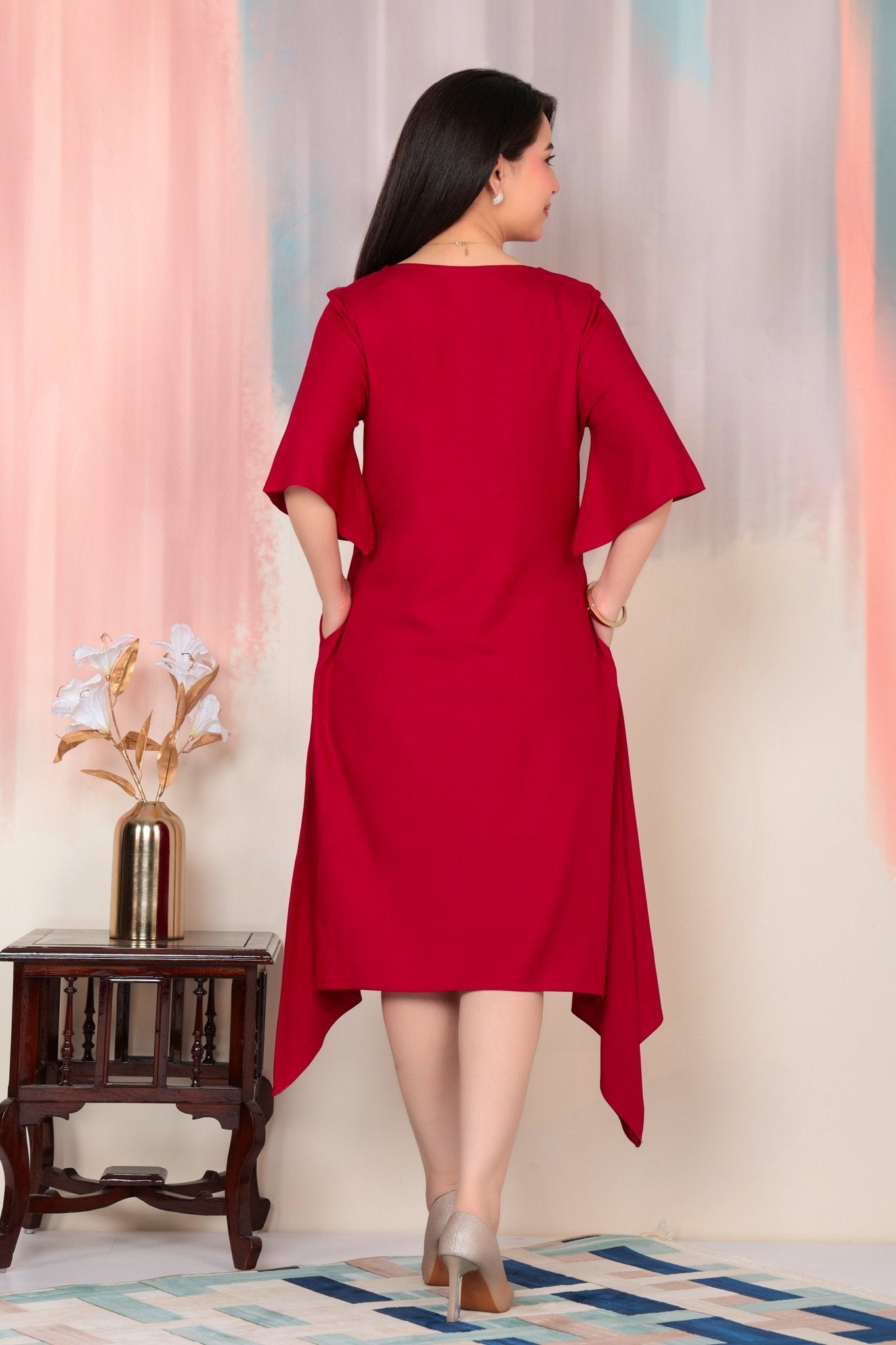 Red v-neck line dress with sleeves [ Premium 100% Rayon, Liva Certified ] -Rayon flare dress with pocket