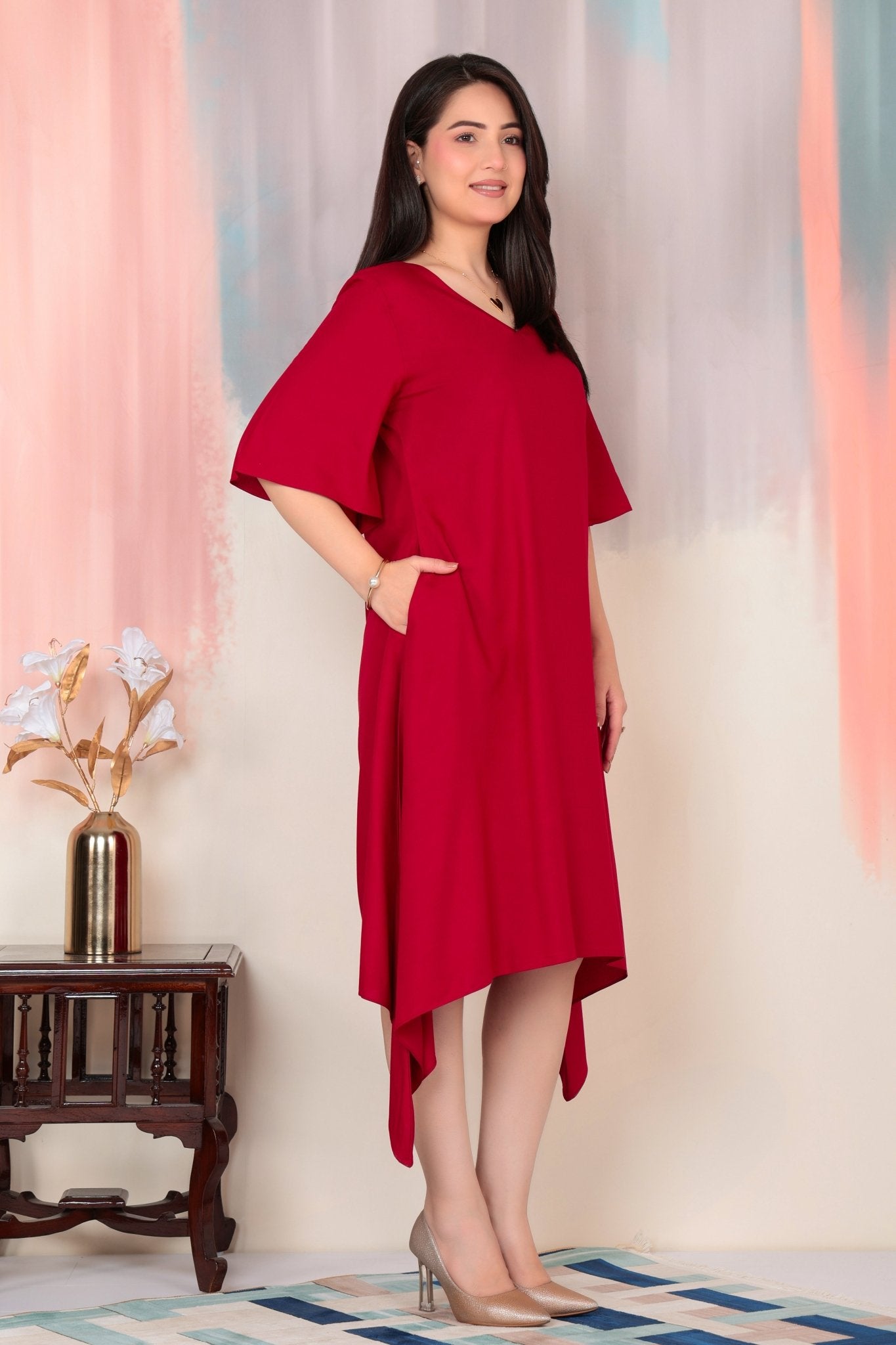 Red v-neck line dress with sleeves [ Premium 100% Rayon, Liva Certified ] -Rayon flare dress with pocket