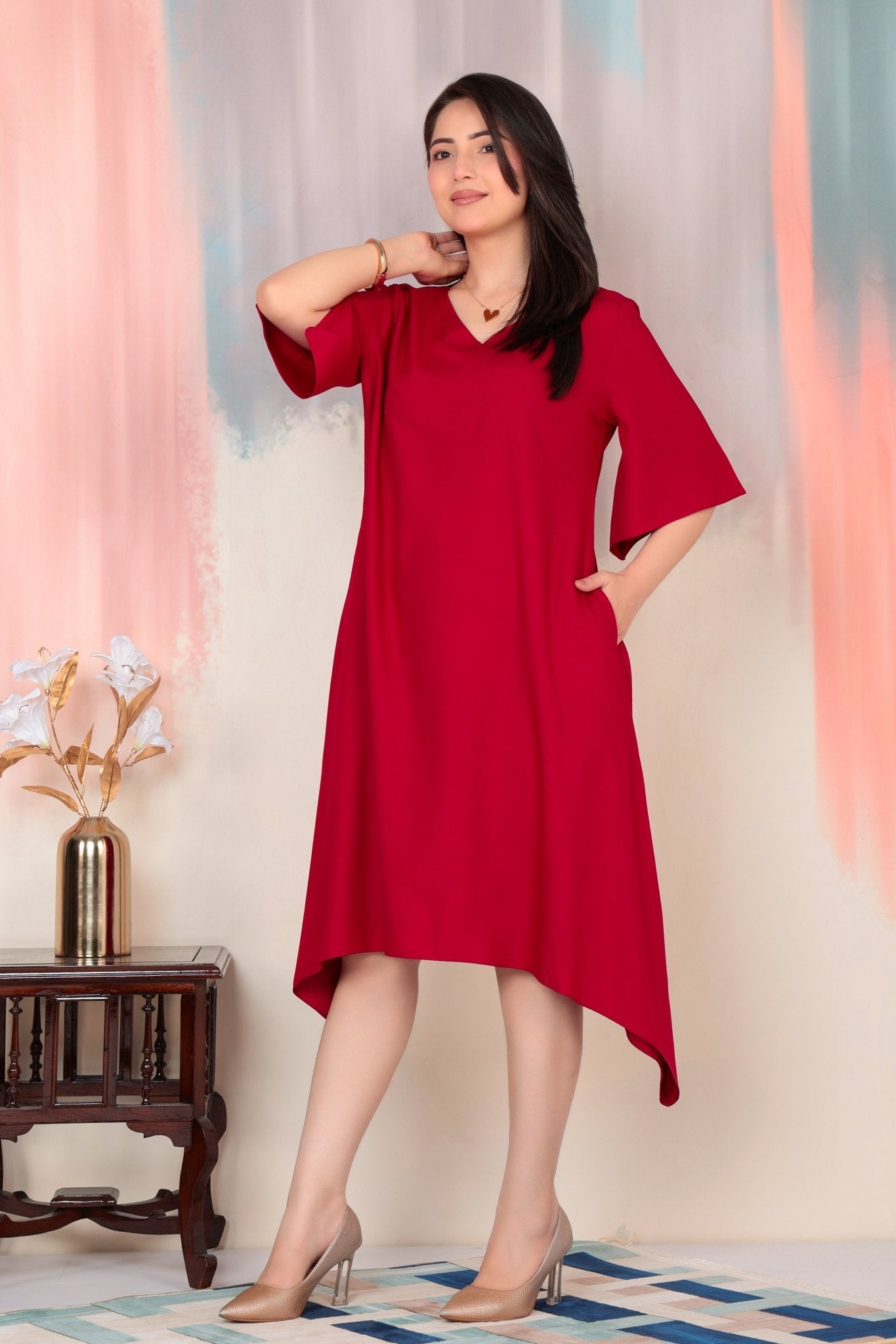 Red v-neck line dress with sleeves [ Premium 100% Rayon, Liva Certified ] -Rayon flare dress with pocket