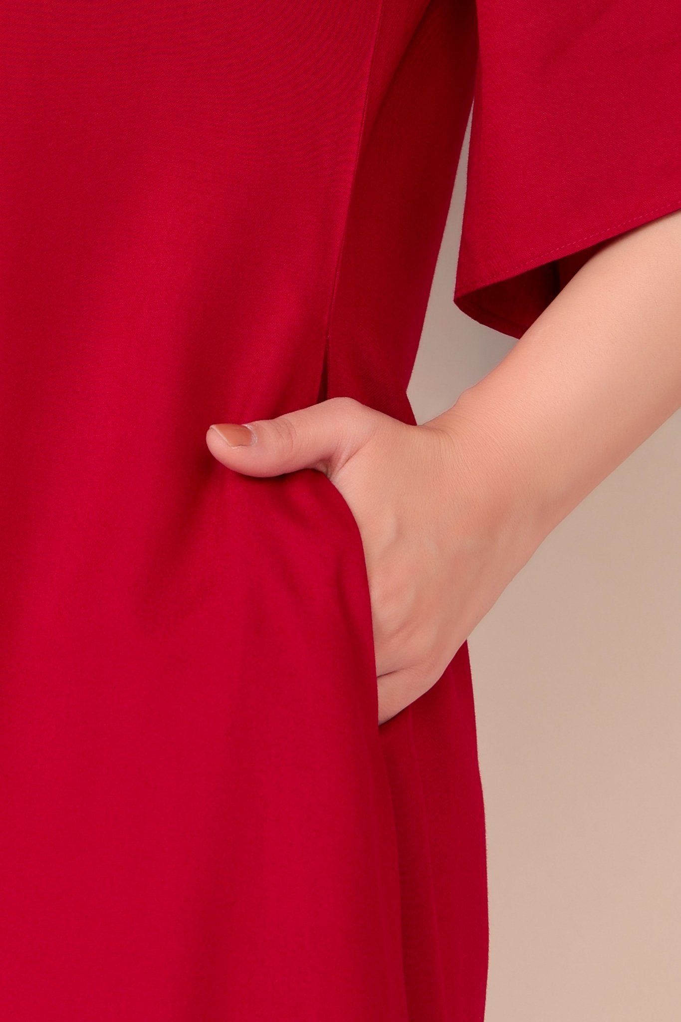 Red v-neck line dress with sleeves [ Premium 100% Rayon, Liva Certified ] -Rayon flare dress with pocket