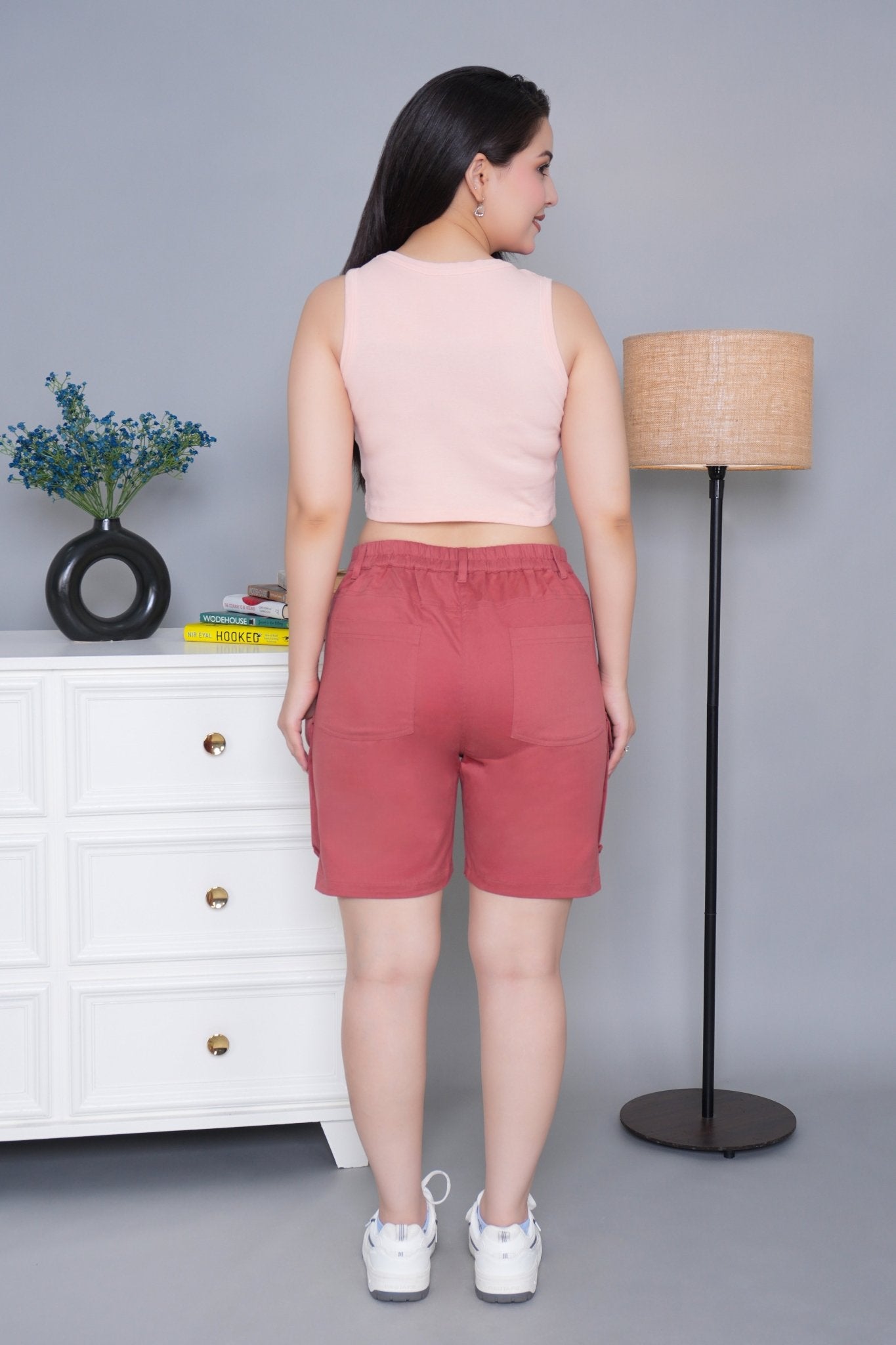 Rose stretchable biowash USA HQ cotton travel shorts with superior elastic belt. - Travel shorts