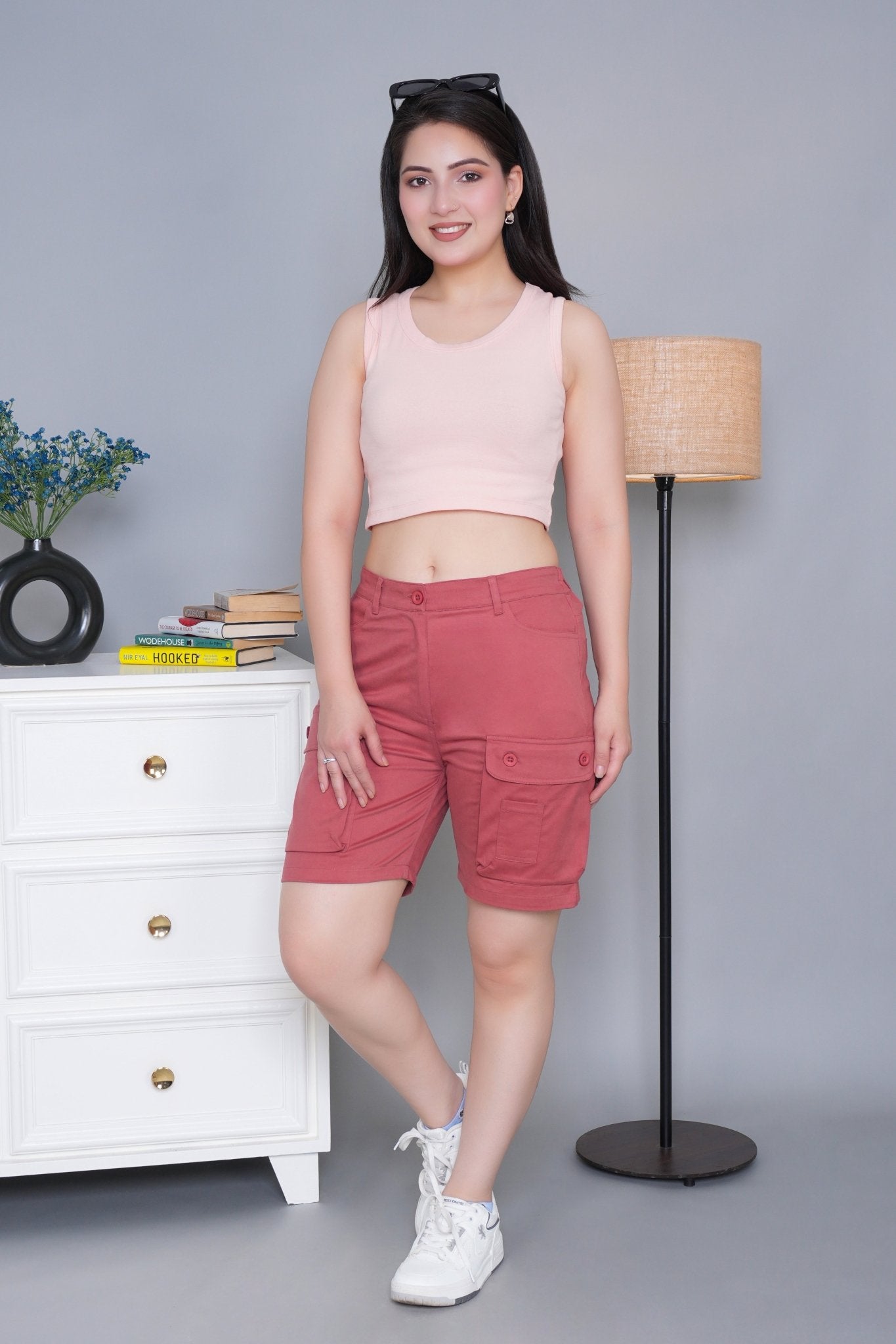 Rose stretchable biowash USA HQ cotton travel shorts with superior elastic belt. - Travel shorts