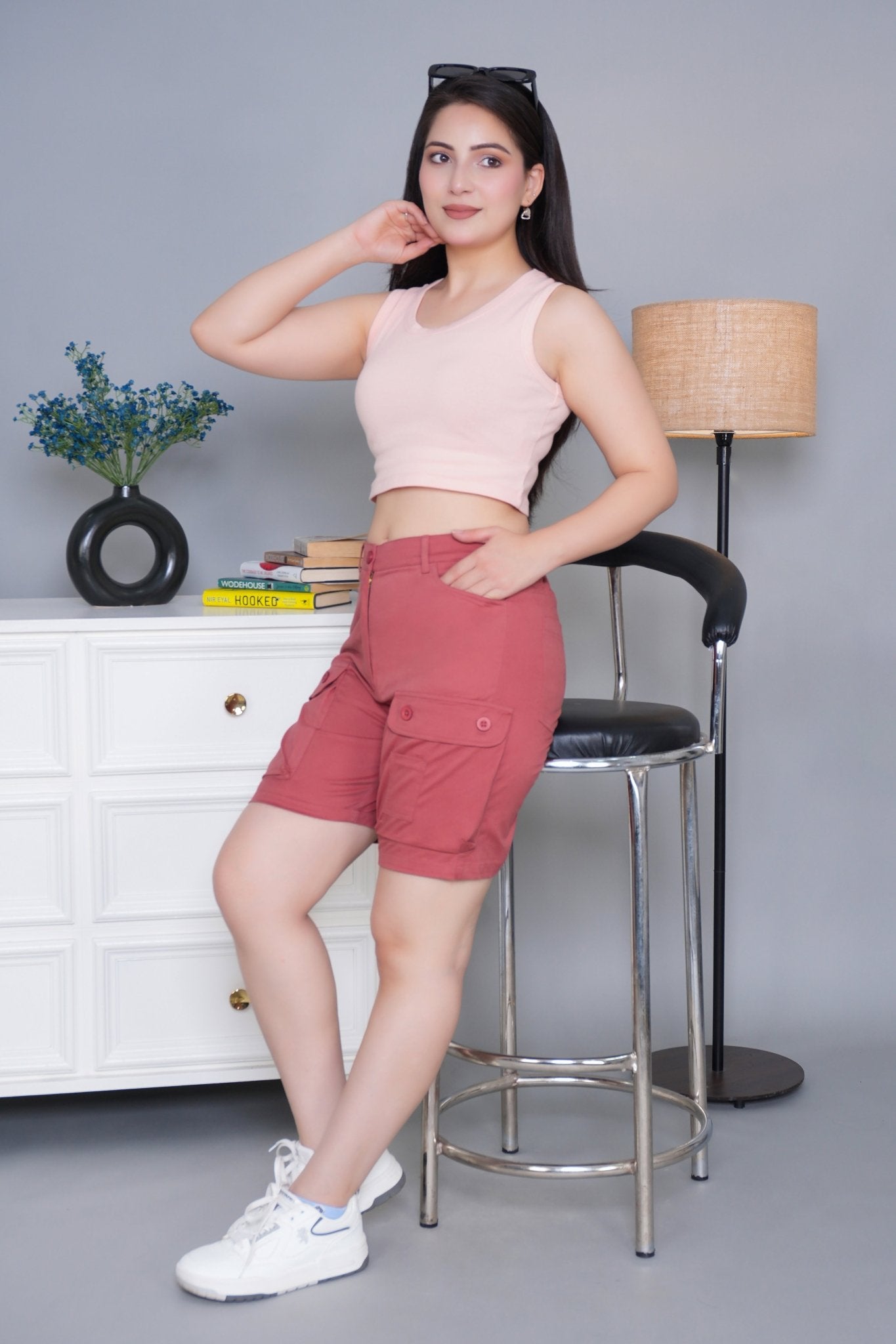 Rose stretchable biowash USA HQ cotton travel shorts with superior elastic belt. - Travel shorts