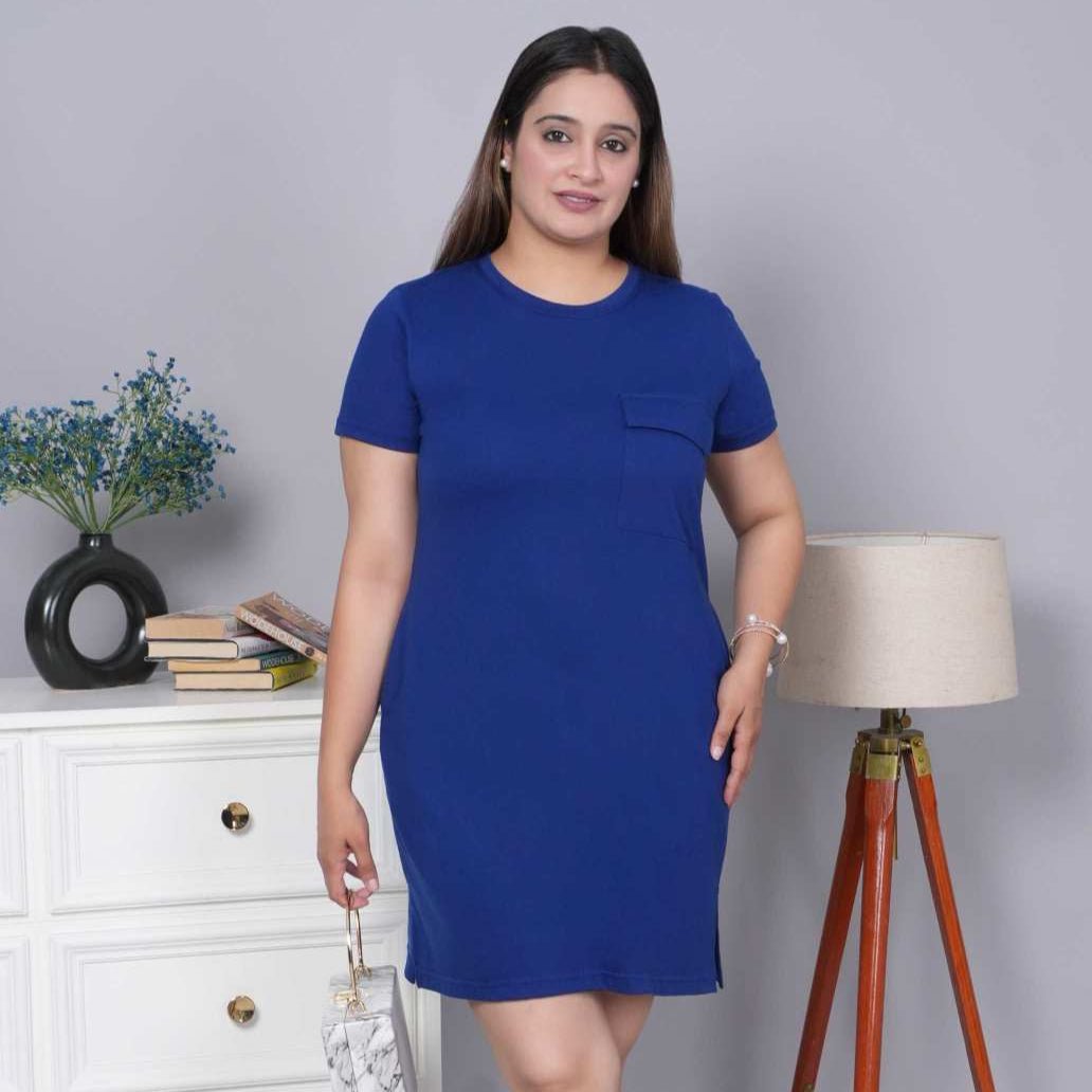Royal blue cotton round neck dress with flap pocket - Flap pocket dress