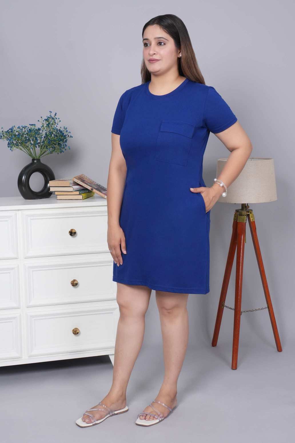 Royal blue cotton round neck dress with flap pocket - Flap pocket dress