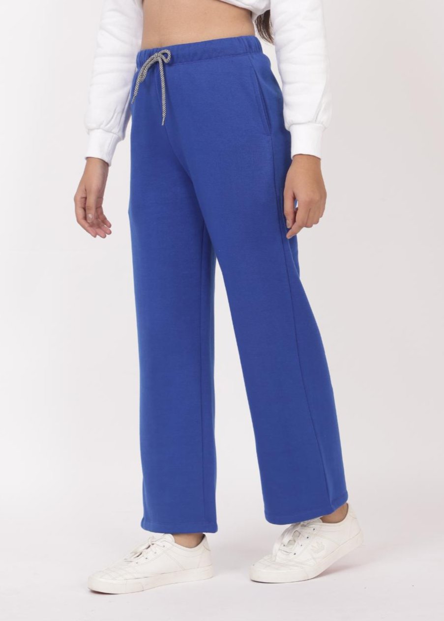 Royal blue stretchable biowash USA HQ winter fleece cotton flare pants with superior elastic belt. - Winter flare pant