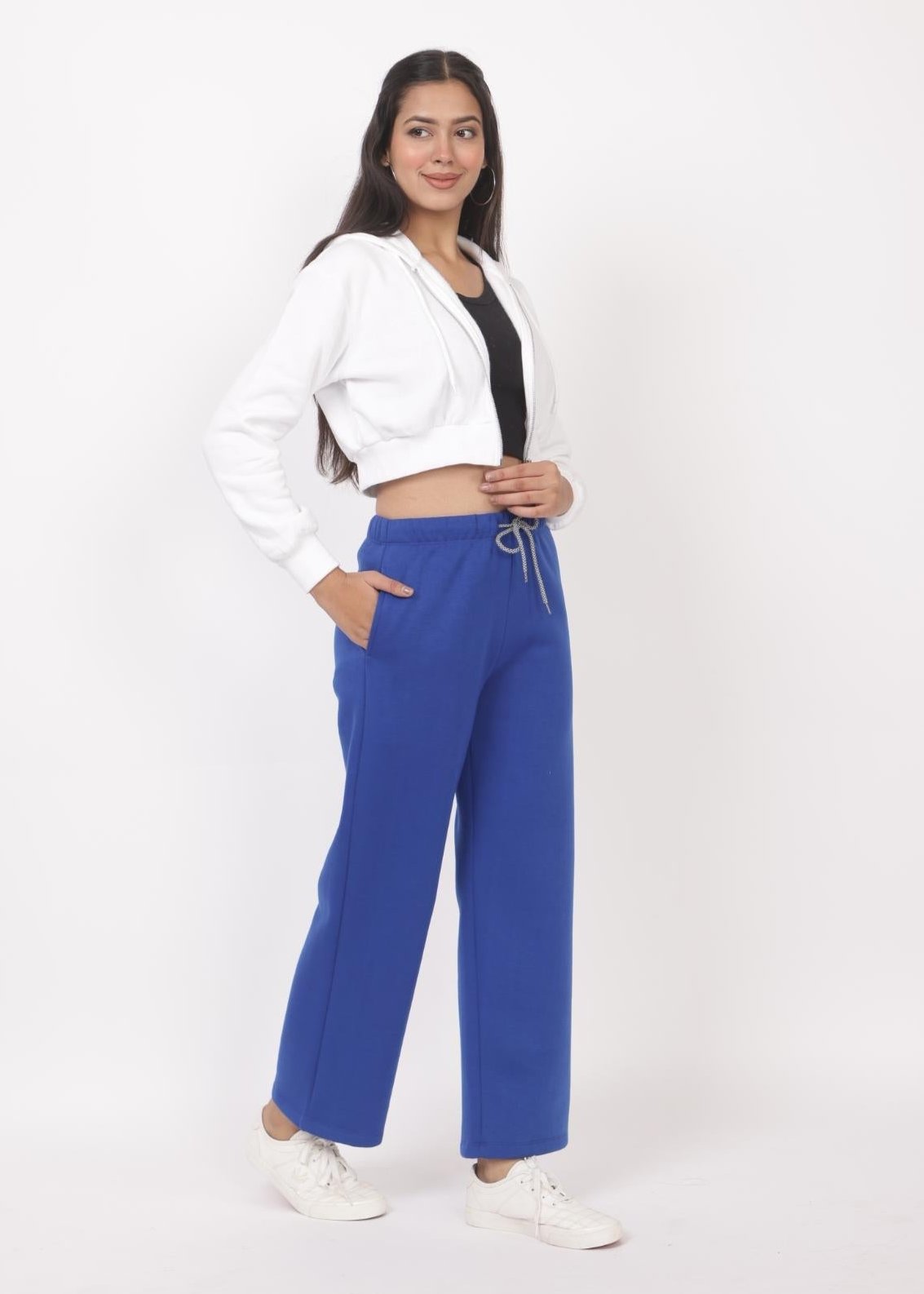 Royal blue stretchable biowash USA HQ winter fleece cotton flare pants with superior elastic belt. - Winter flare pant