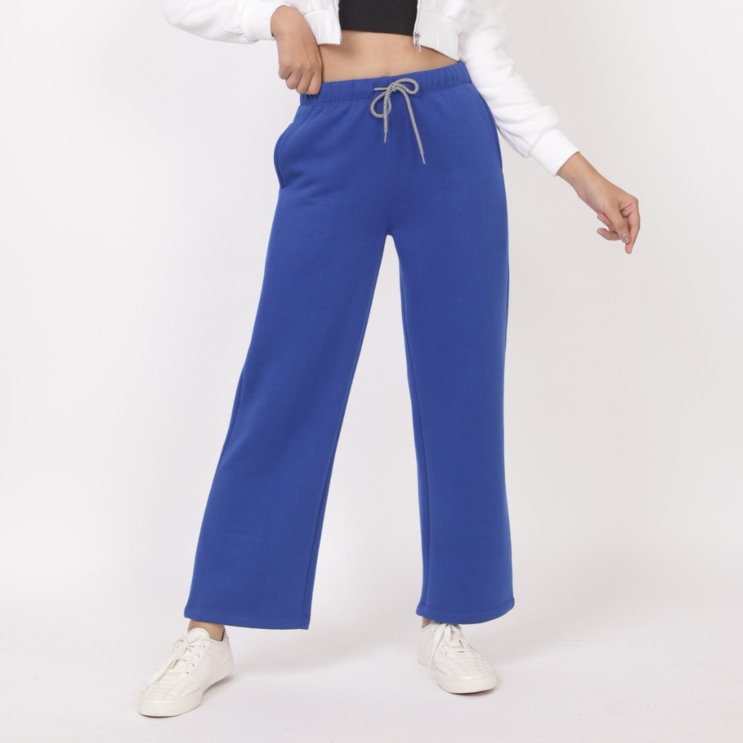 Royal blue stretchable biowash USA HQ winter fleece cotton flare pants with superior elastic belt. - Winter flare pant