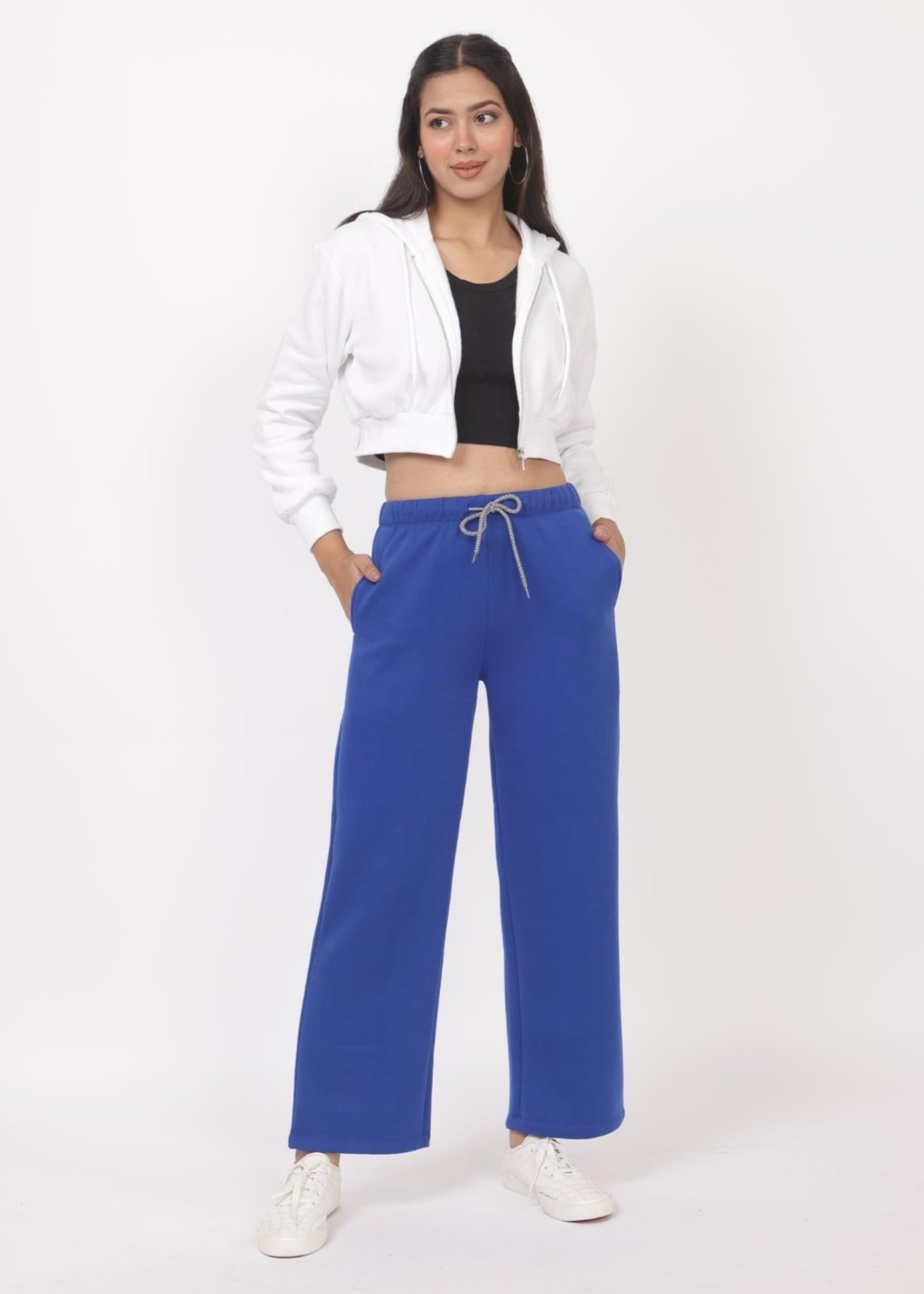 Royal blue stretchable biowash USA HQ winter fleece cotton flare pants with superior elastic belt. - Winter flare pant