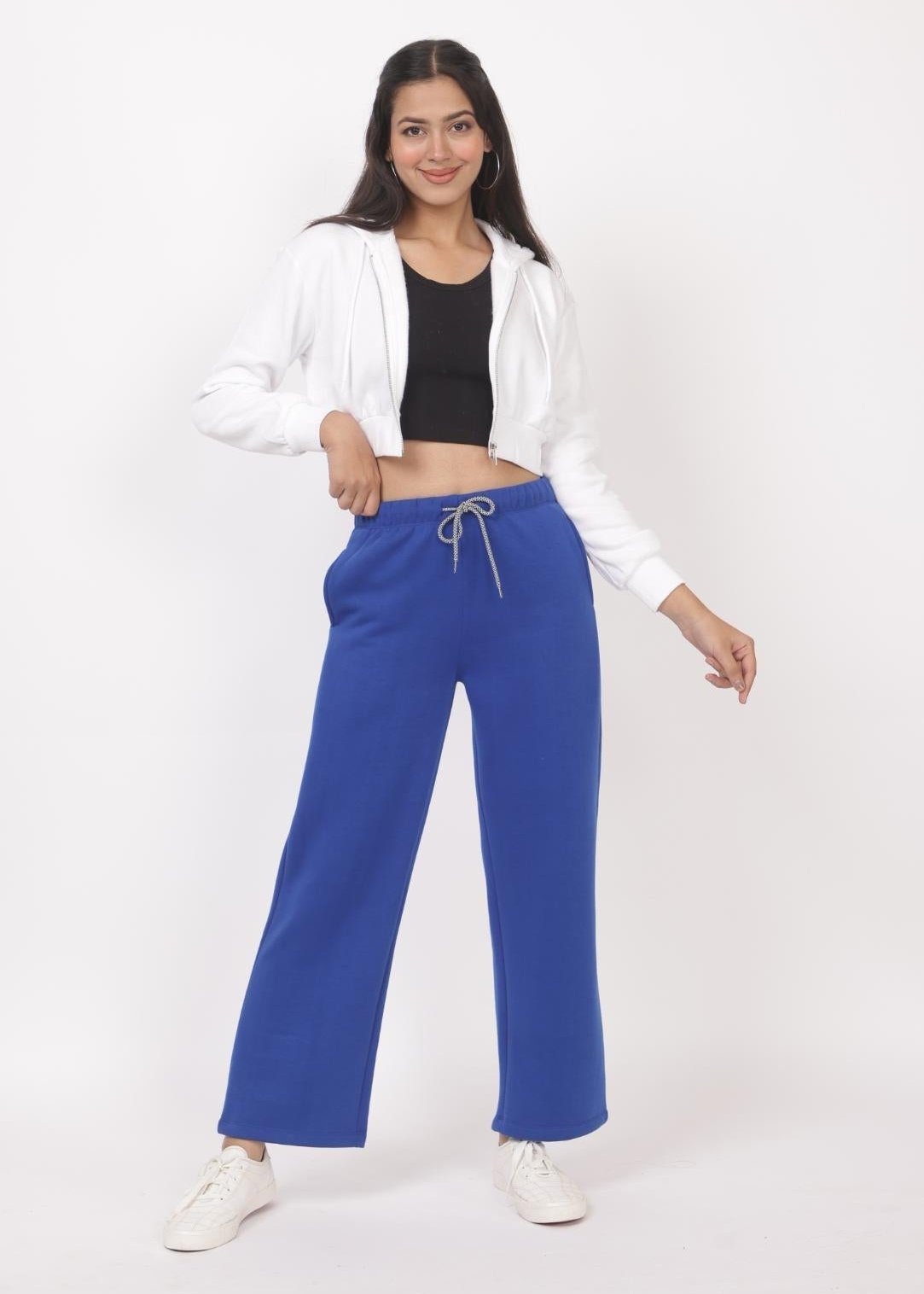 Royal blue stretchable biowash USA HQ winter fleece cotton flare pants with superior elastic belt. - Winter flare pant