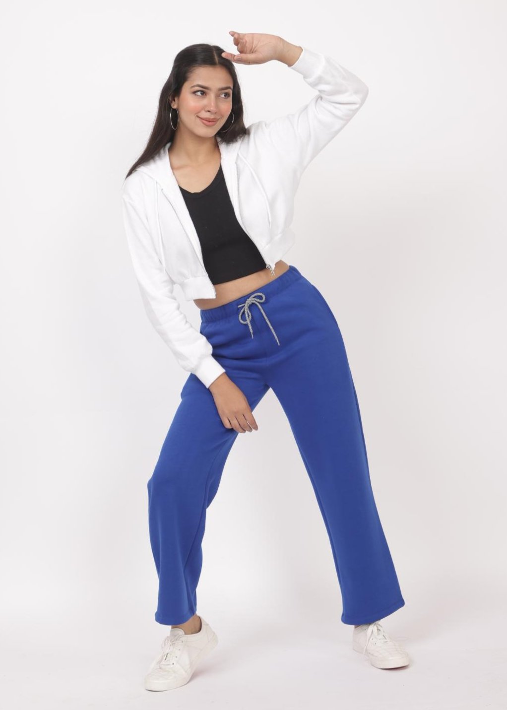 Royal blue stretchable biowash USA HQ winter fleece cotton flare pants with superior elastic belt. - Winter flare pant