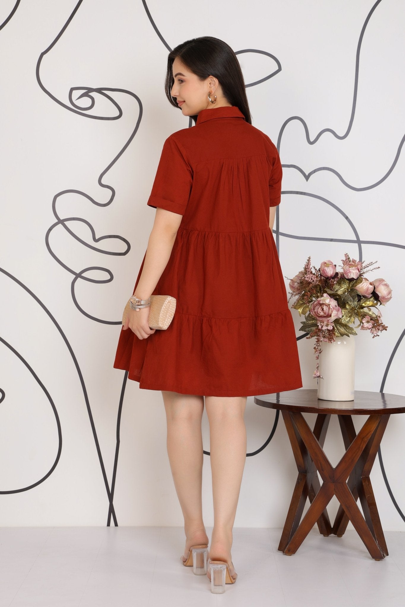 Rust collar flare dress [100% pure cotton] -Cotton midi dress