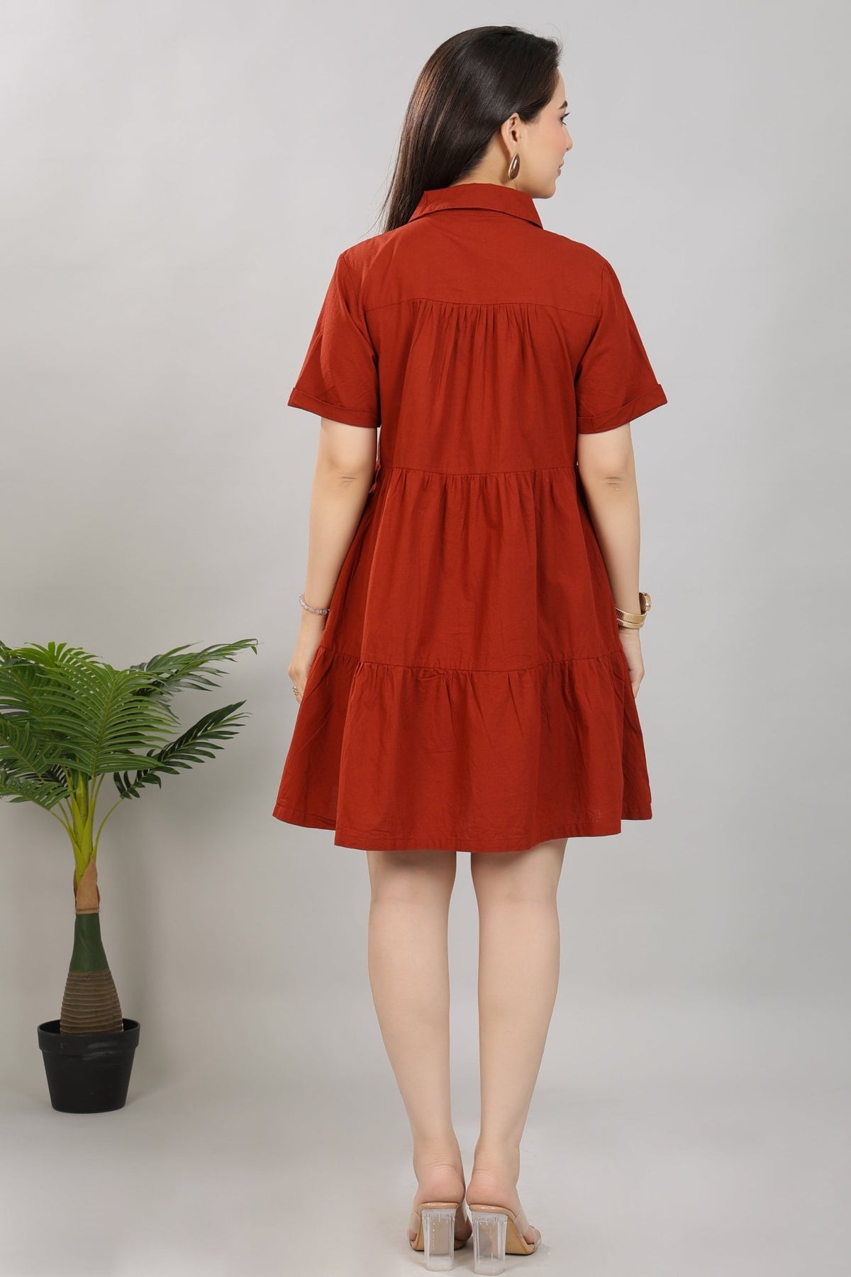 Rust collar flare dress [100% pure cotton] -Cotton midi dress