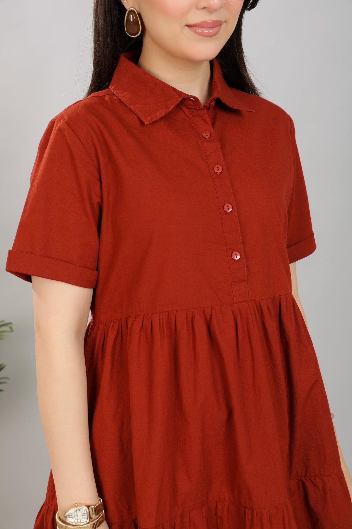Rust collar flare dress [100% pure cotton] -Cotton midi dress
