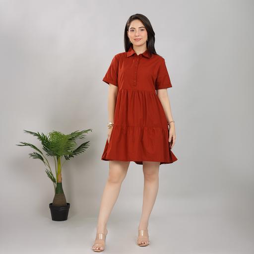 Rust collar flare dress [100% pure cotton] -Cotton midi dress