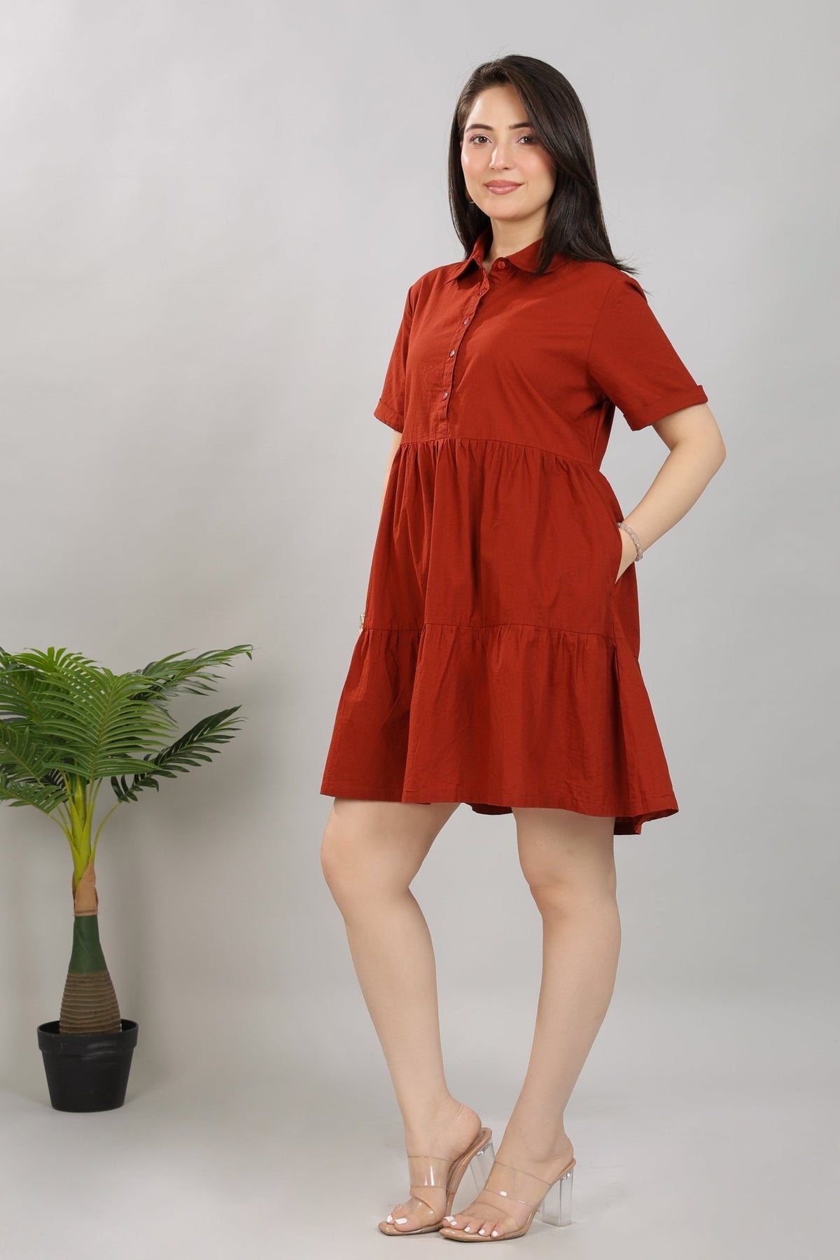 Rust collar flare dress [100% pure cotton] -Cotton midi dress