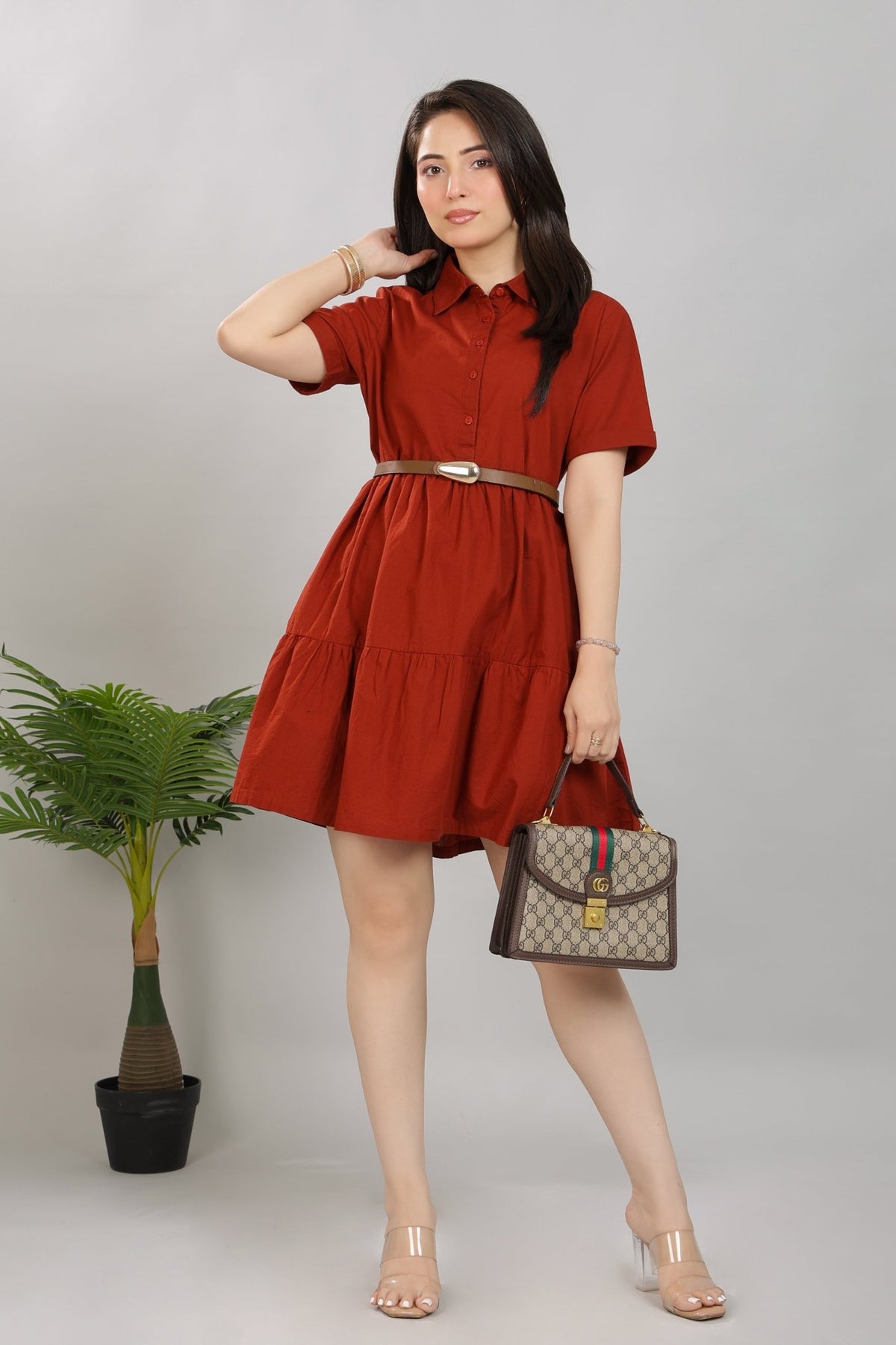 Rust collar flare dress [100% pure cotton] -Cotton midi dress