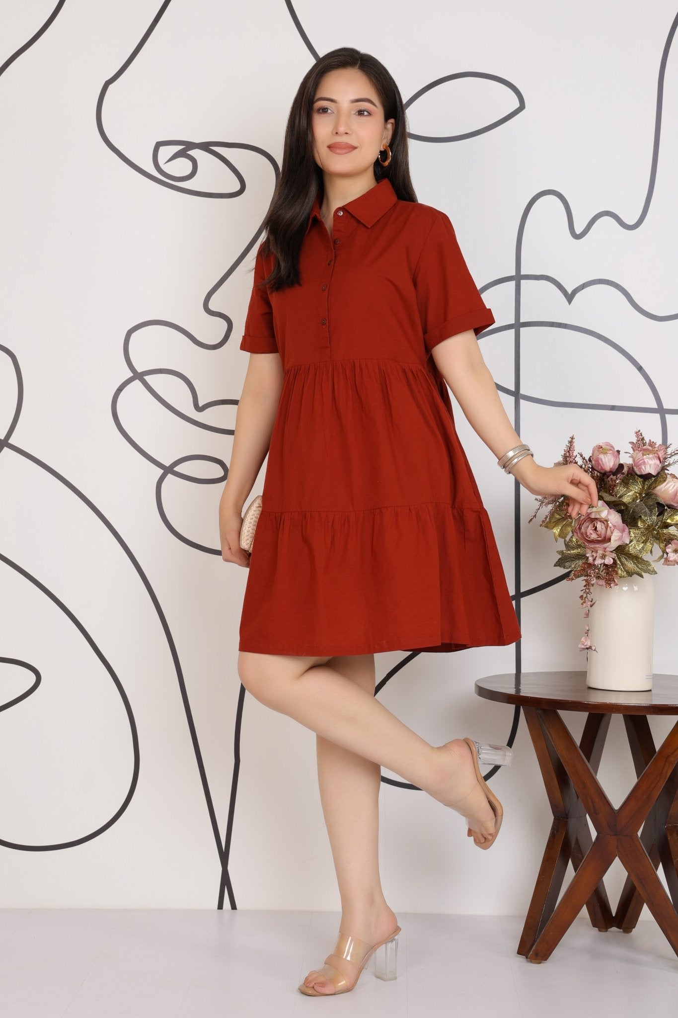 Rust collar flare dress [100% pure cotton] -Cotton midi dress